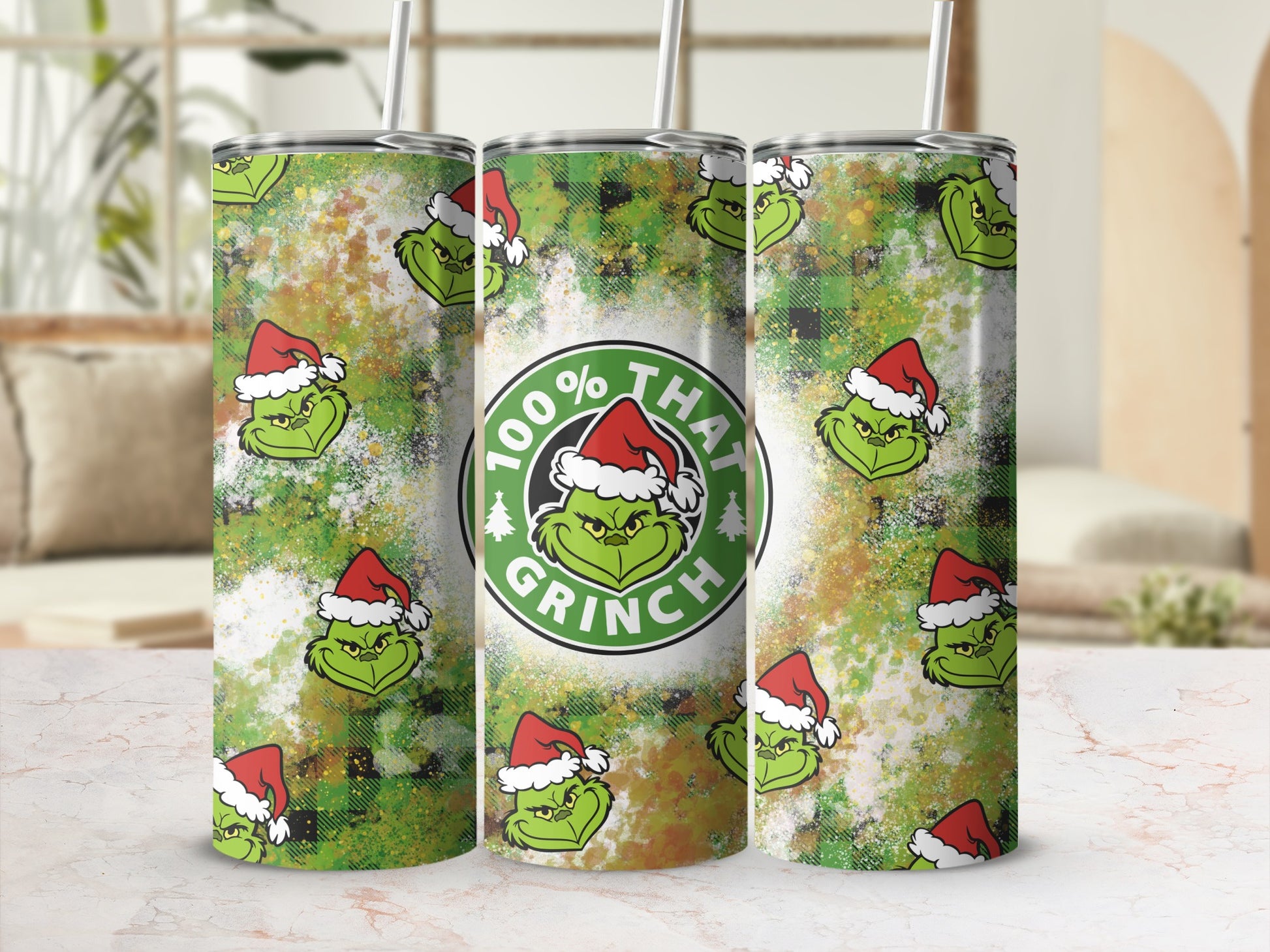 Three tumblers with the Grinch's face and "100% That Grinch" text.
