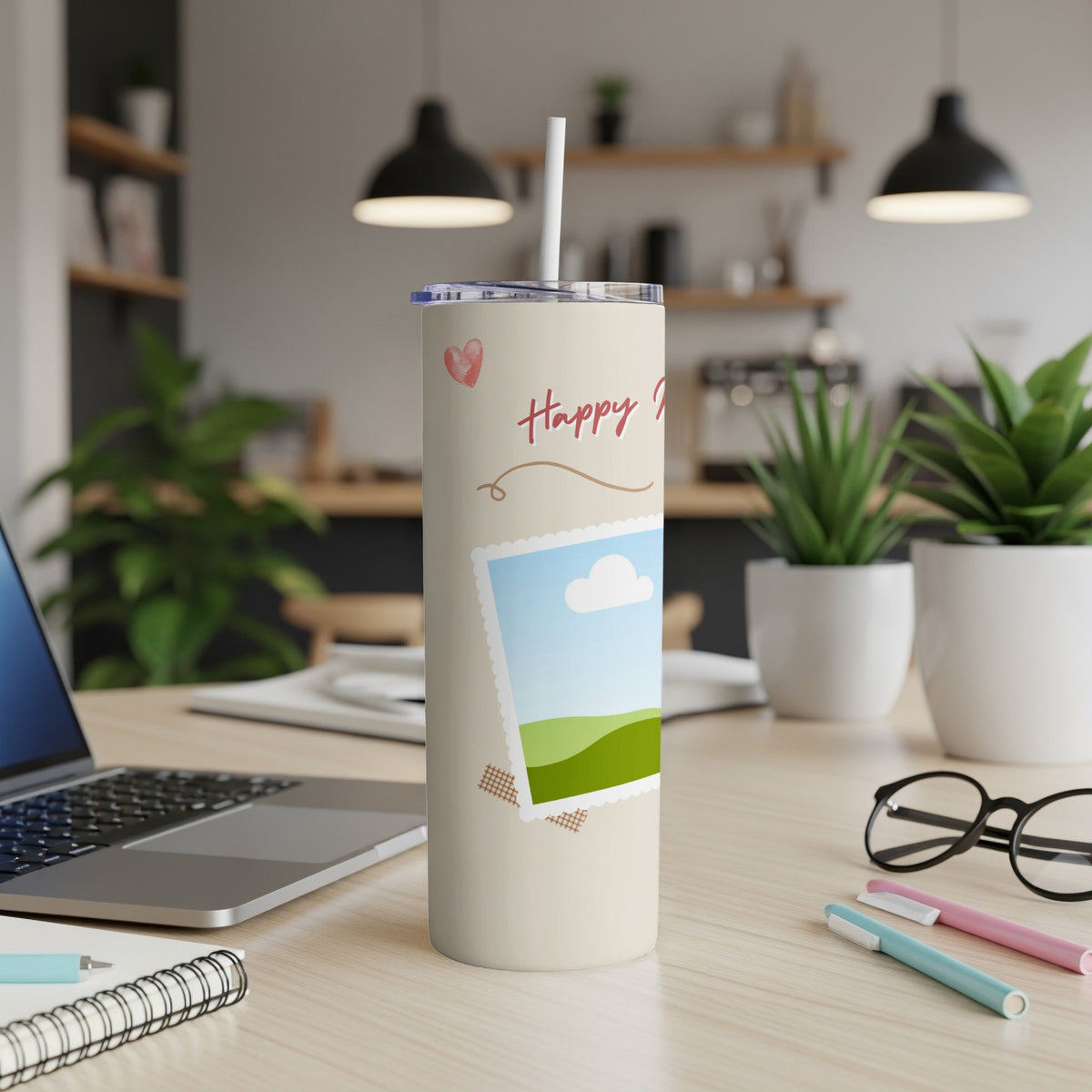 Cream tumbler with a heart, "Happy Day" text, and a landscape photo collage.