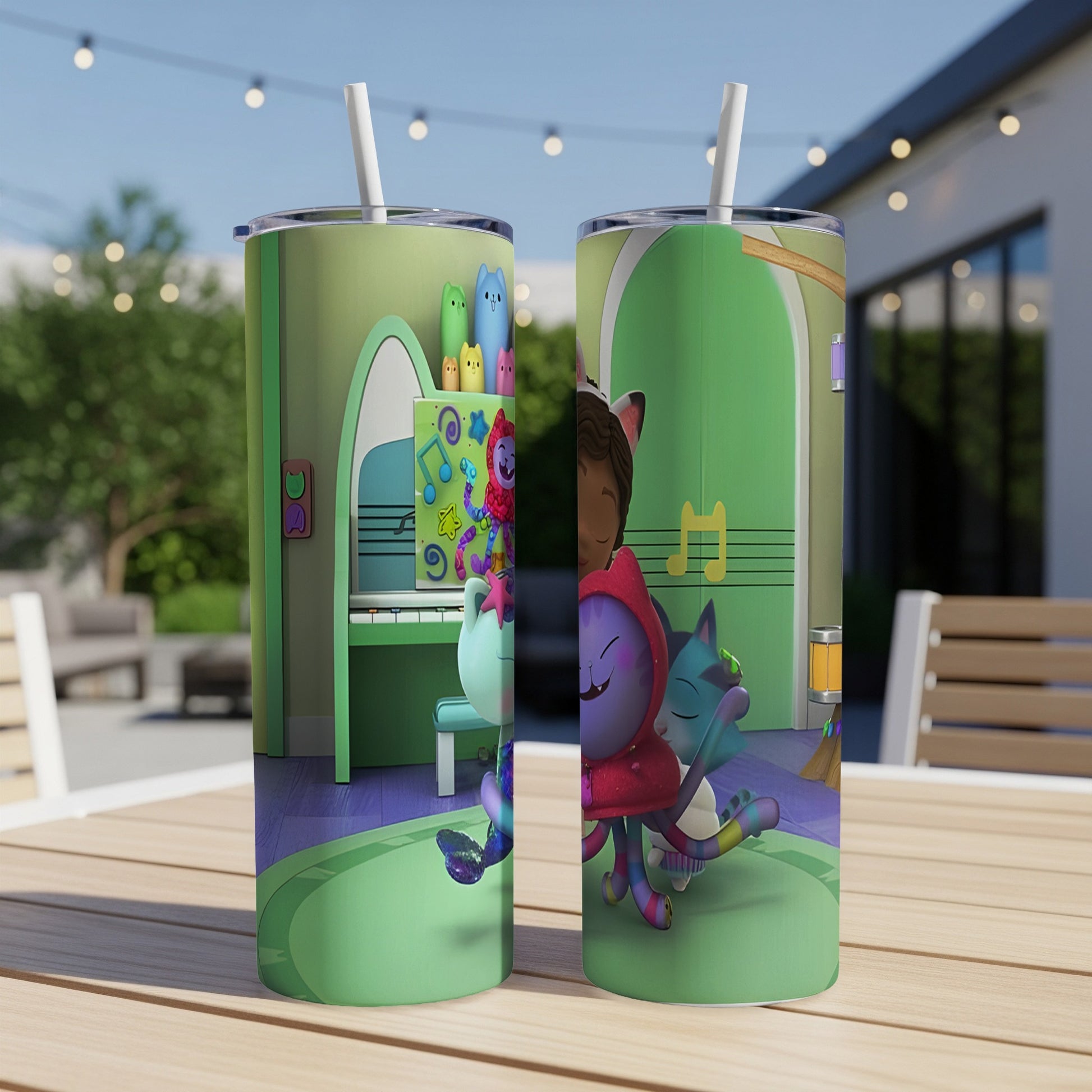 Two tumblers with cartoon characters hugging, featuring musical notes.