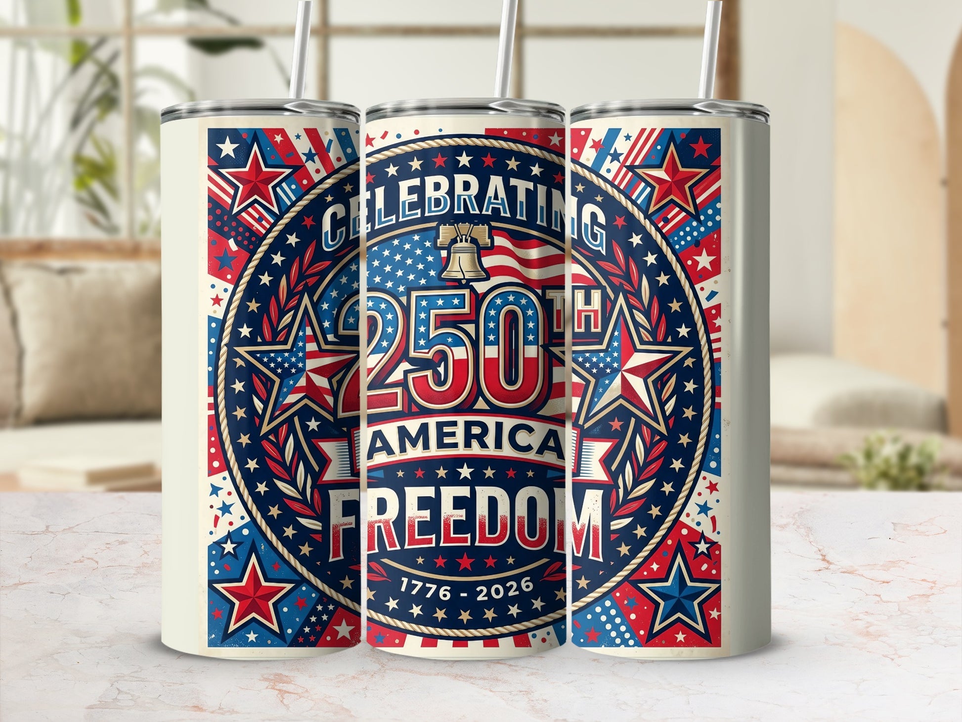 Tumblers with "Celebrating 250th America Freedom 1776-2026" text, stars, and stripes.