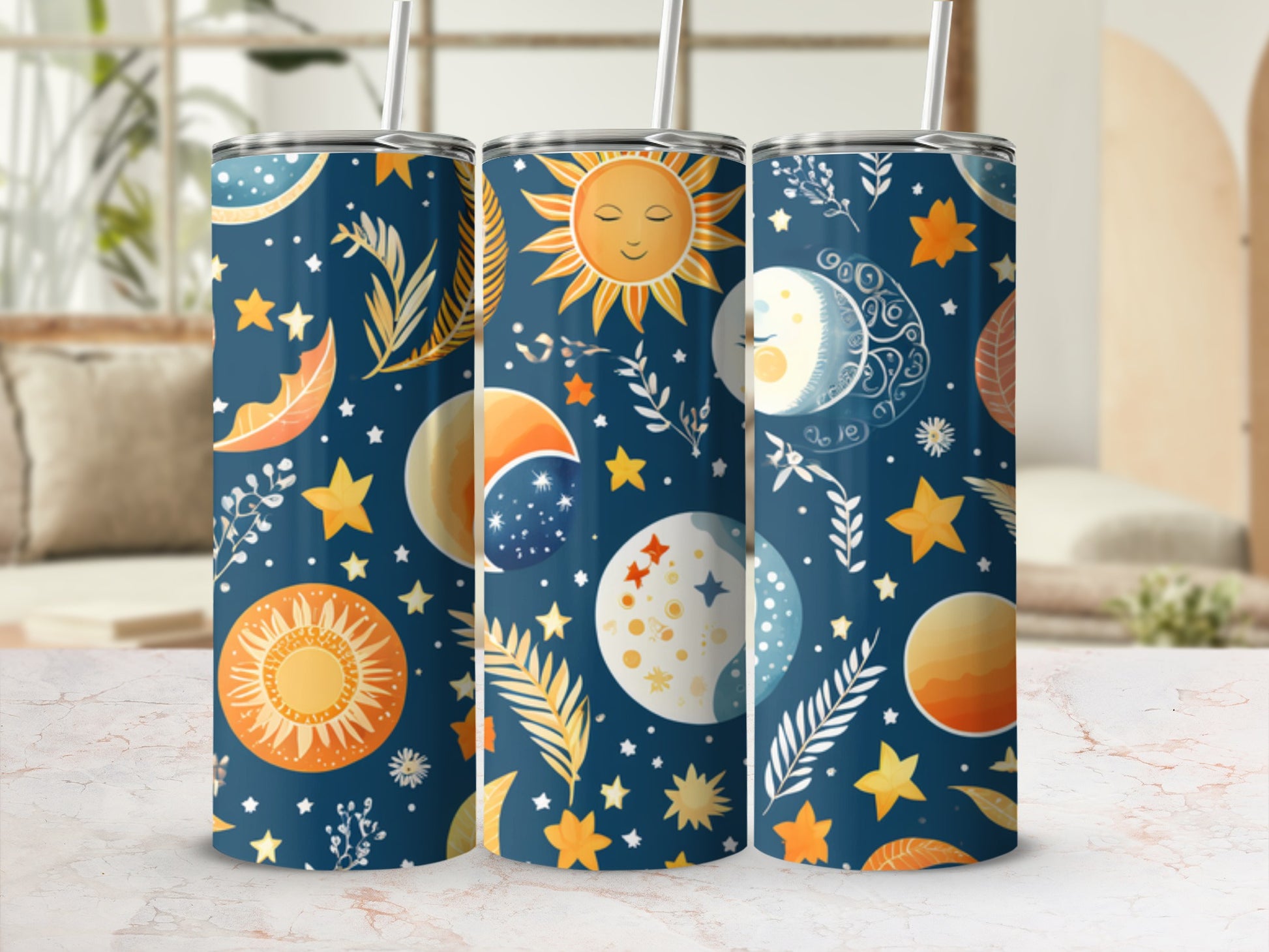 Celestial sun, moon, and star pattern on a dark blue tumbler.