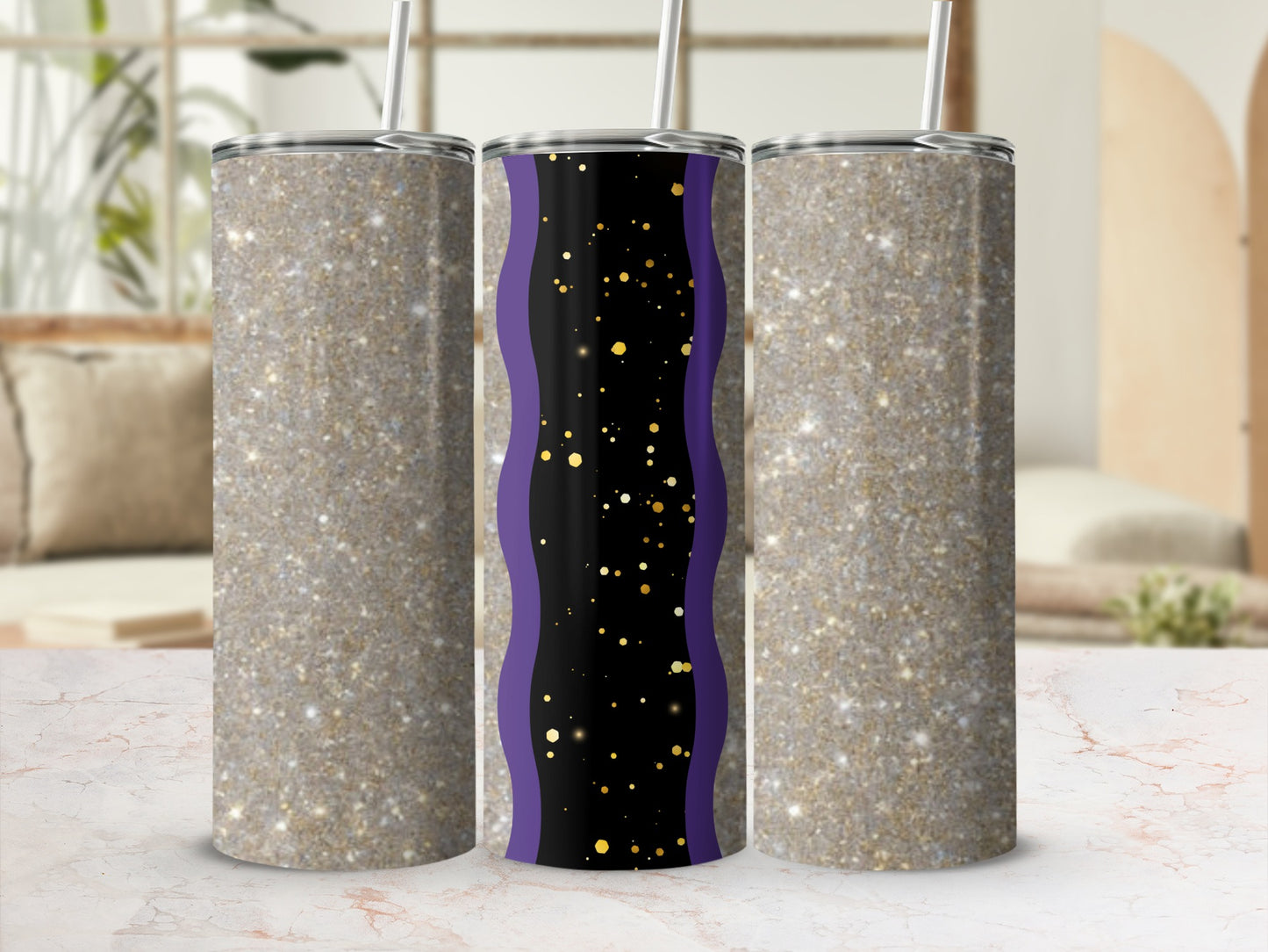 Glitter tumbler with purple and gold wavy stripe design.
