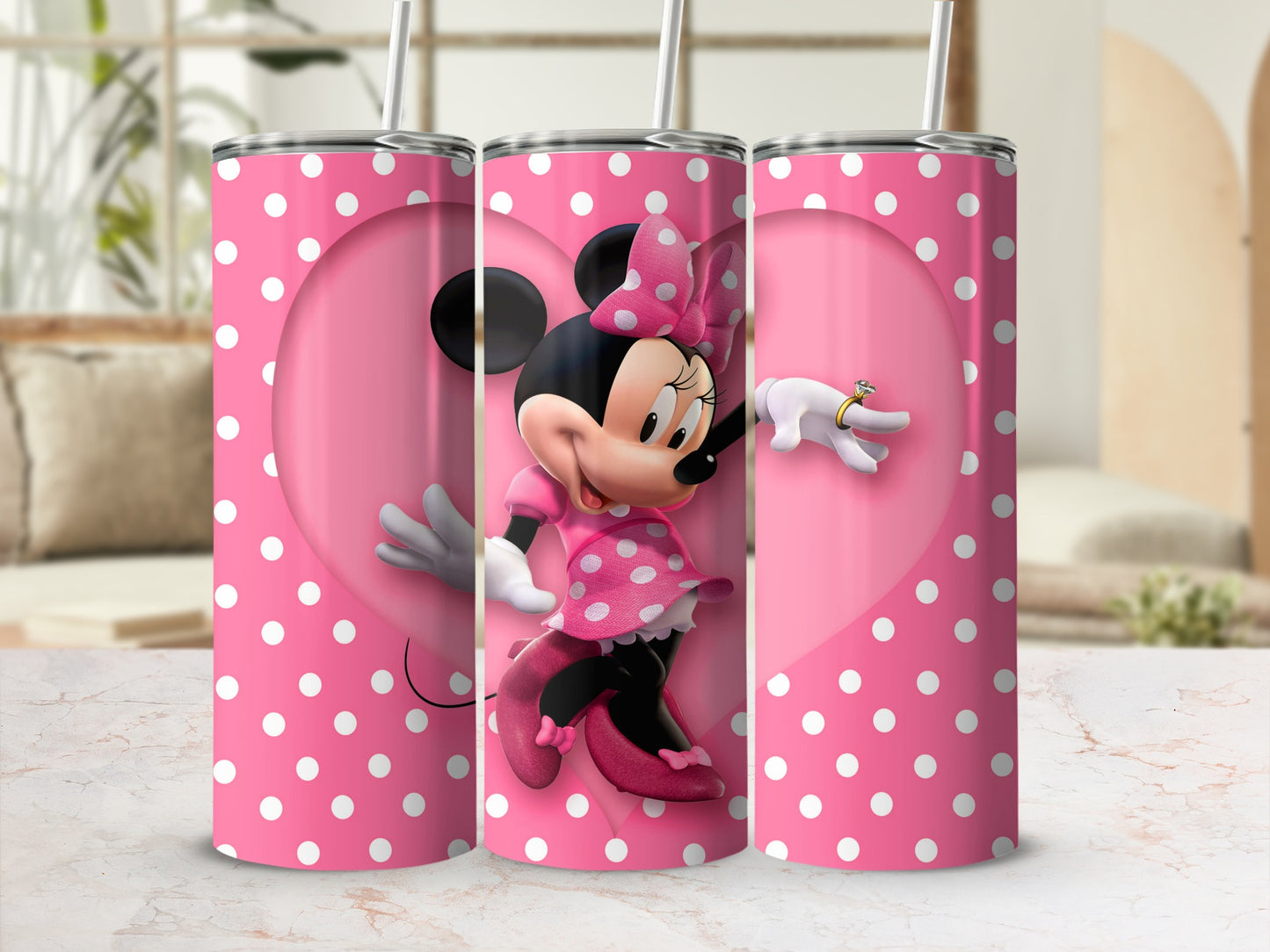 Pink Polka Dot Minnie Mouse Design Tumbler Cup