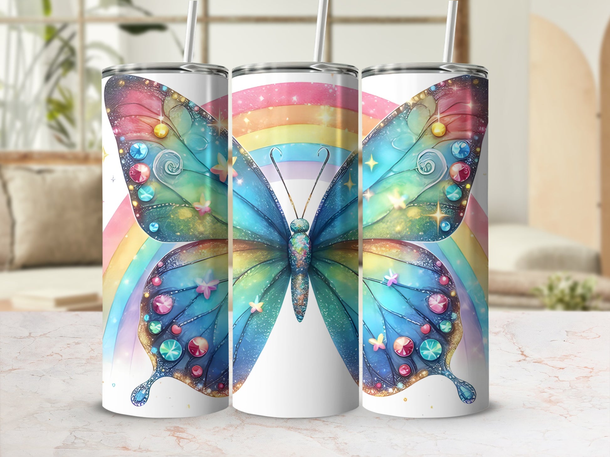 Tumbler with colorful butterfly and rainbow design.