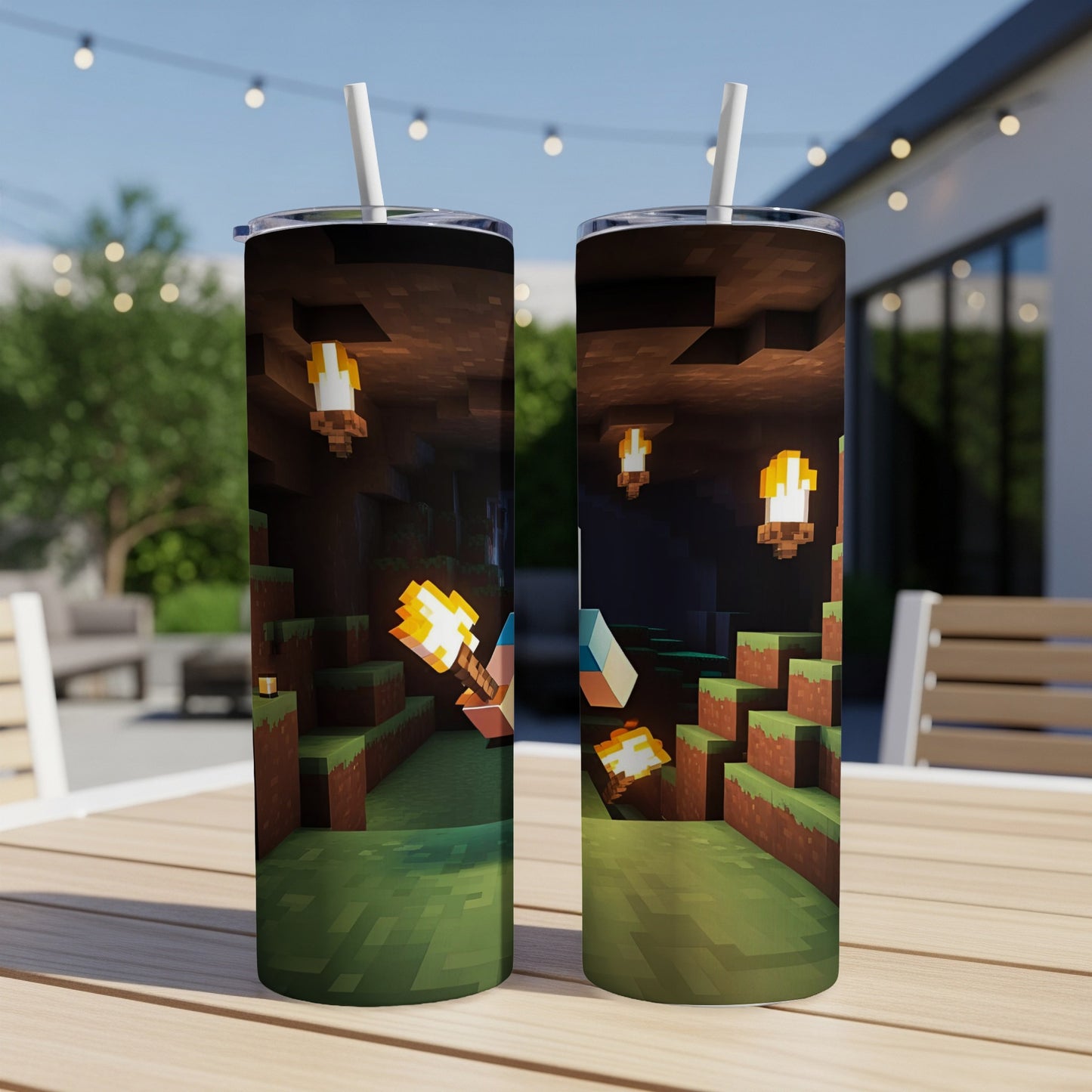 Minecraft cave scene with torches and blocks on a tumbler.
