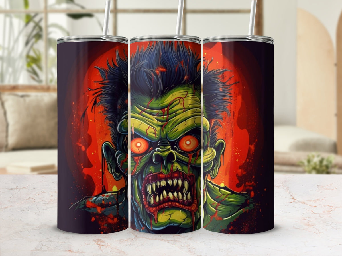 Three tumblers featuring a green zombie with glowing red eyes and sharp teeth.