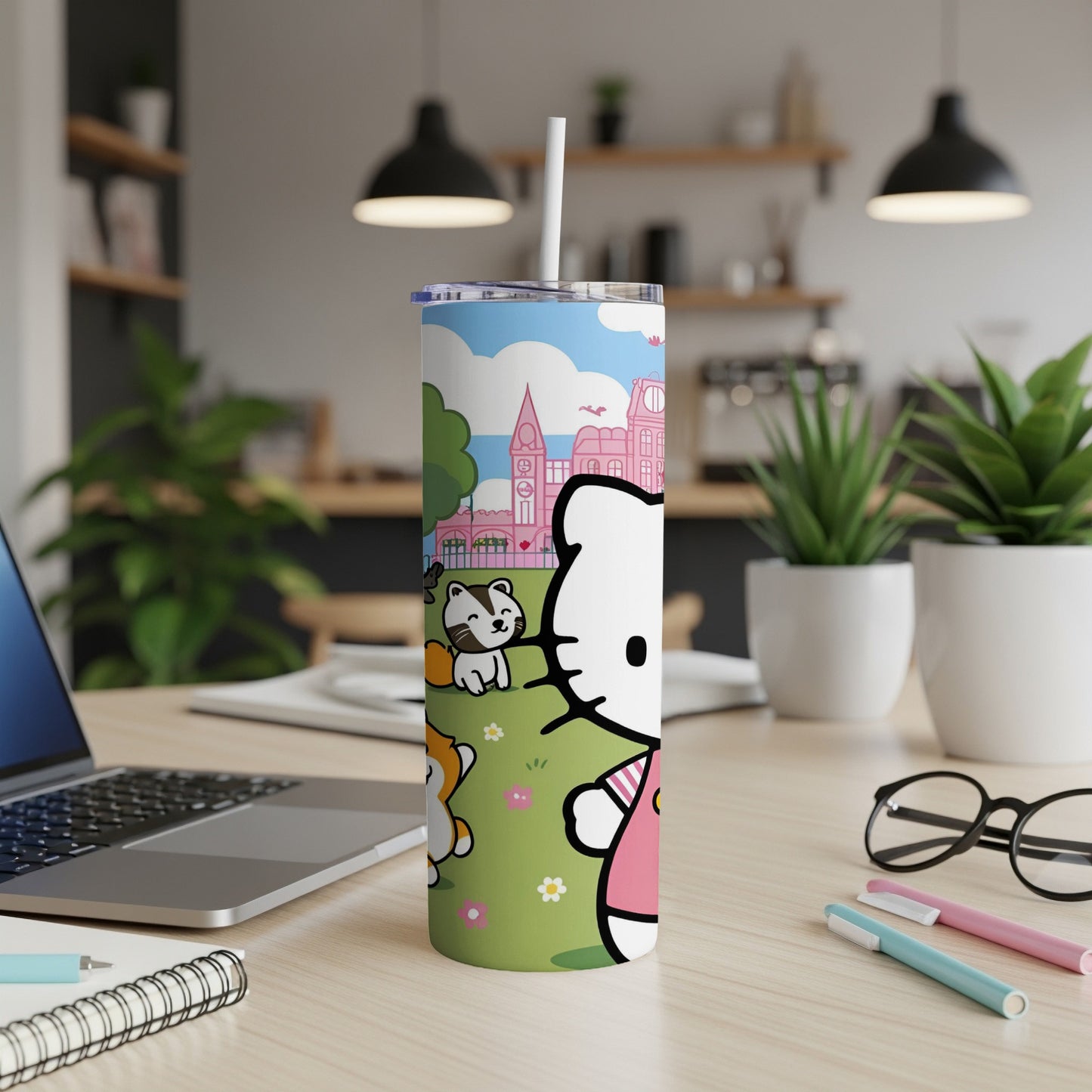 Hello Kitty and friends on a colorful tumbler with a cityscape background.