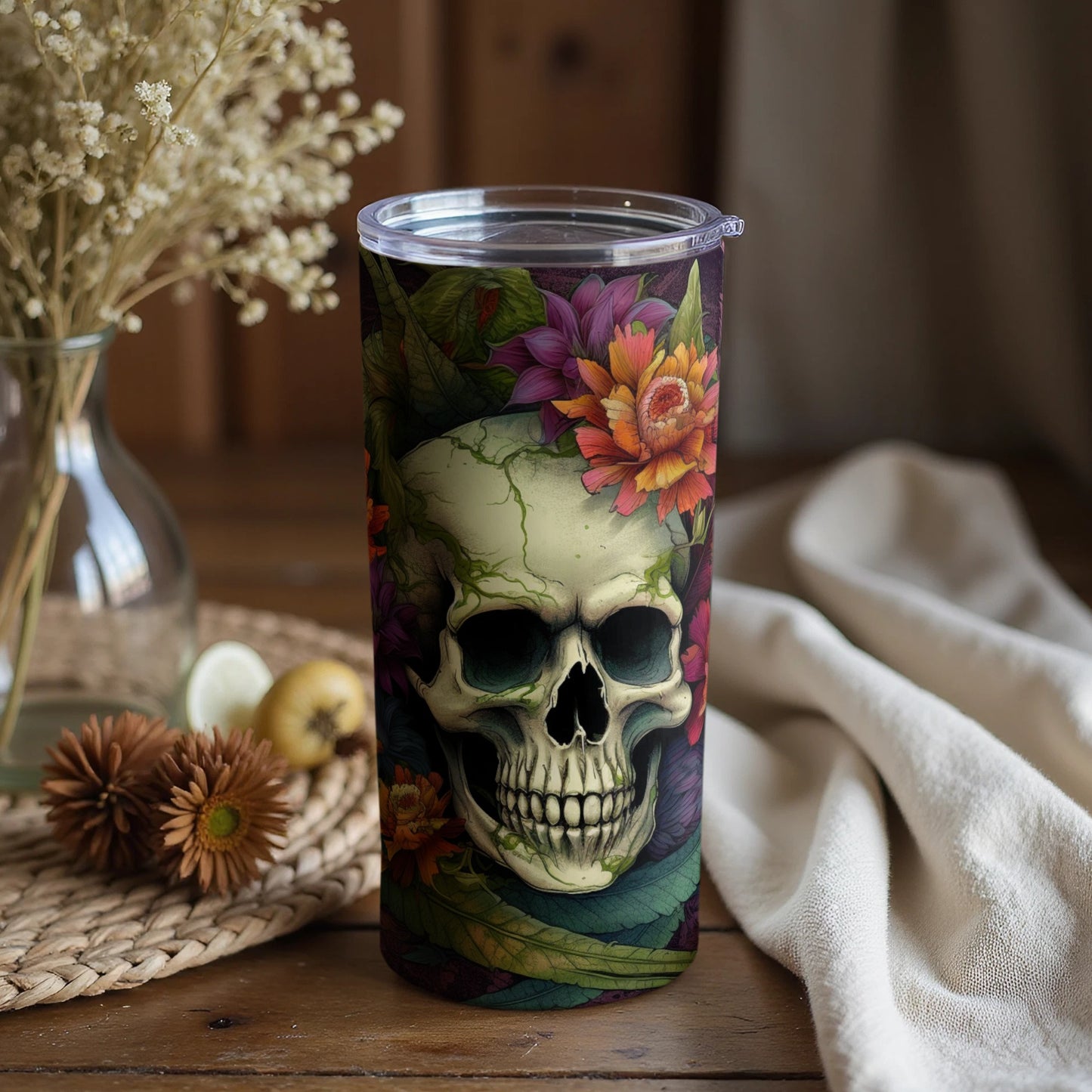 Skull Tumbler with Colorful Floral Details