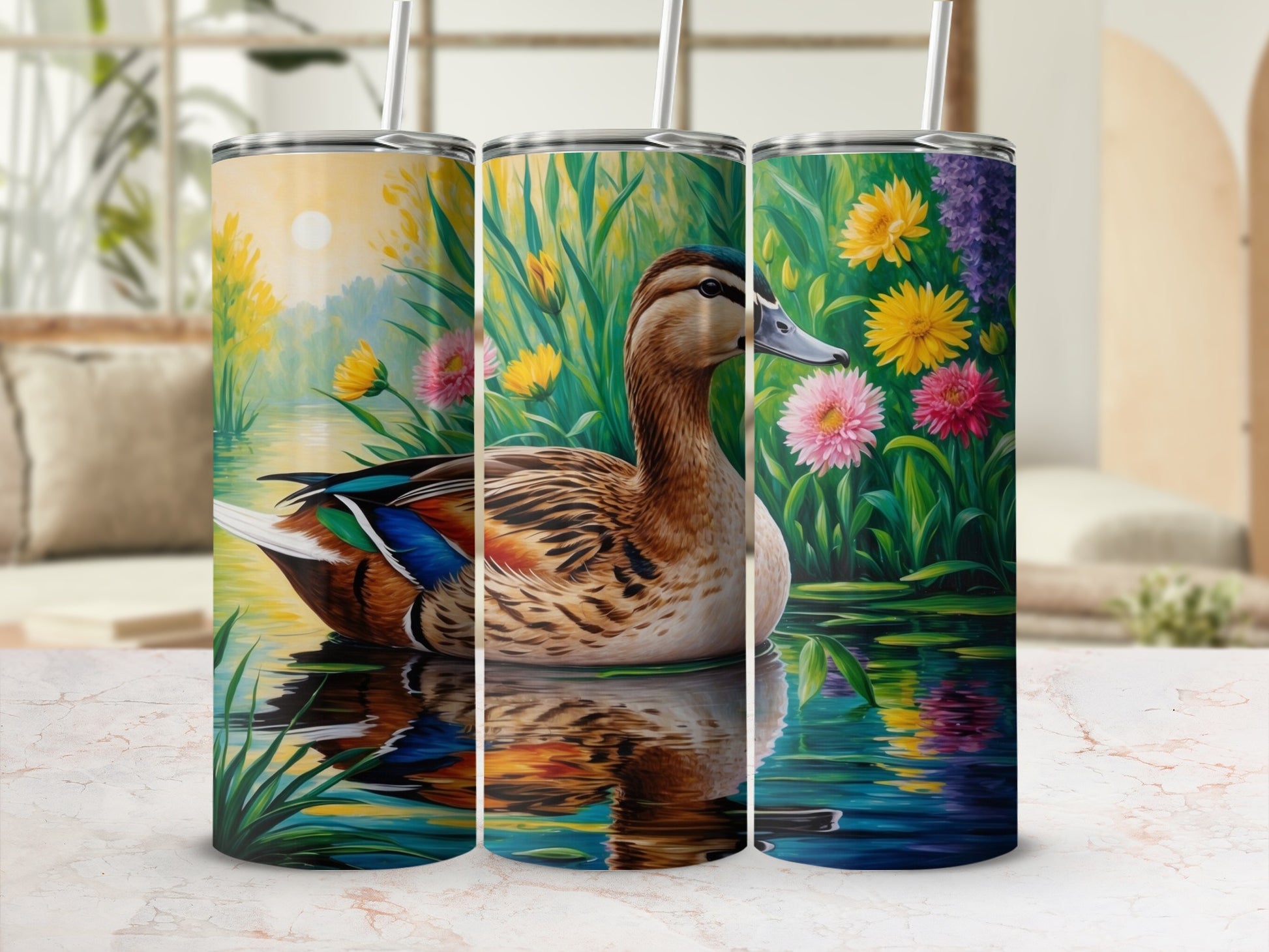 Duck on water with colorful flowers and greenery.