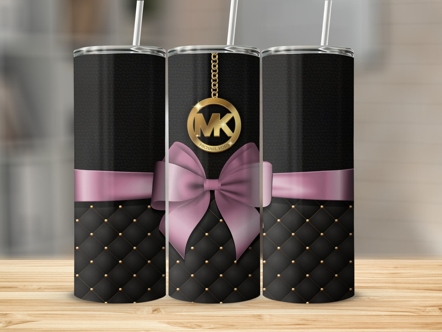 Elegant Black Tumbler with Pink Ribbon and Gold Ornament