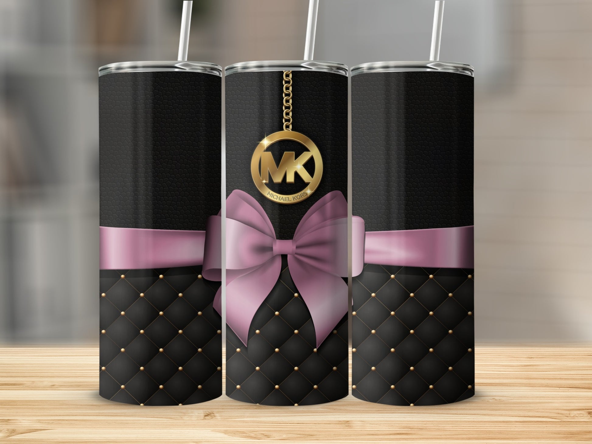 Elegant Black Tumbler with Pink Ribbon and Gold Ornament