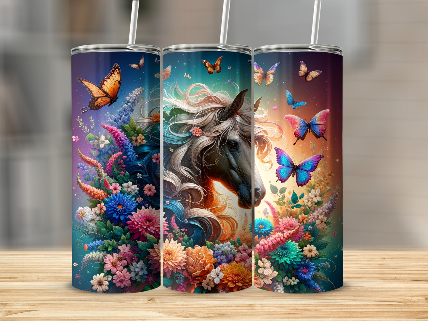 Three tumblers featuring a horse surrounded by colorful flowers and butterflies.