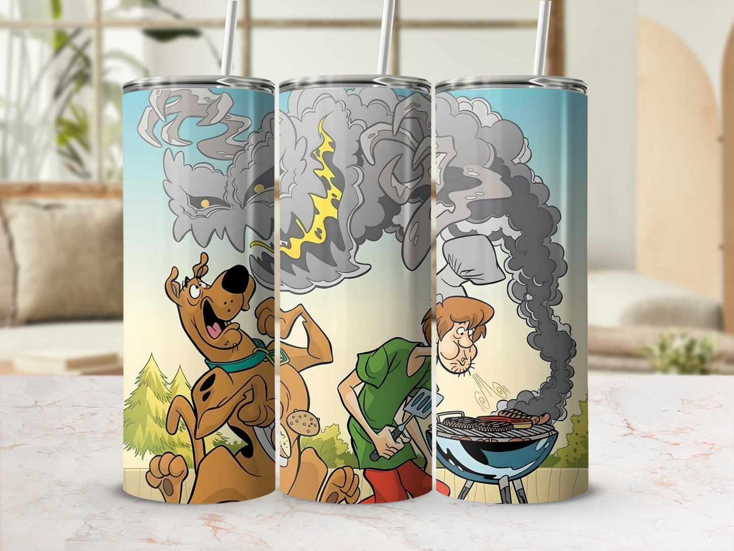 Scooby-Doo and Shaggy grilling with smoke and characters.