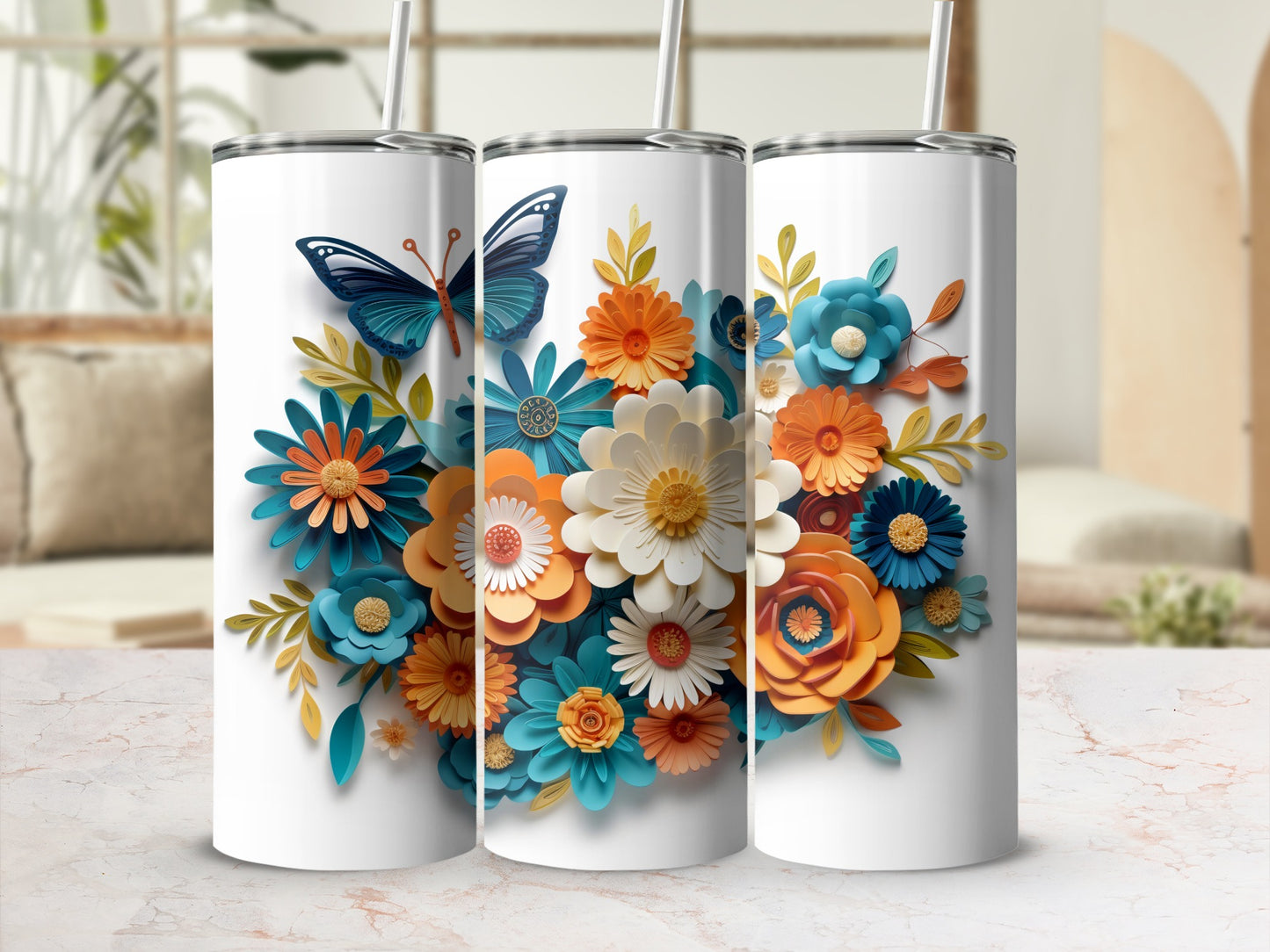 Colorful Floral Butterfly Print Tumbler Cup with Straw