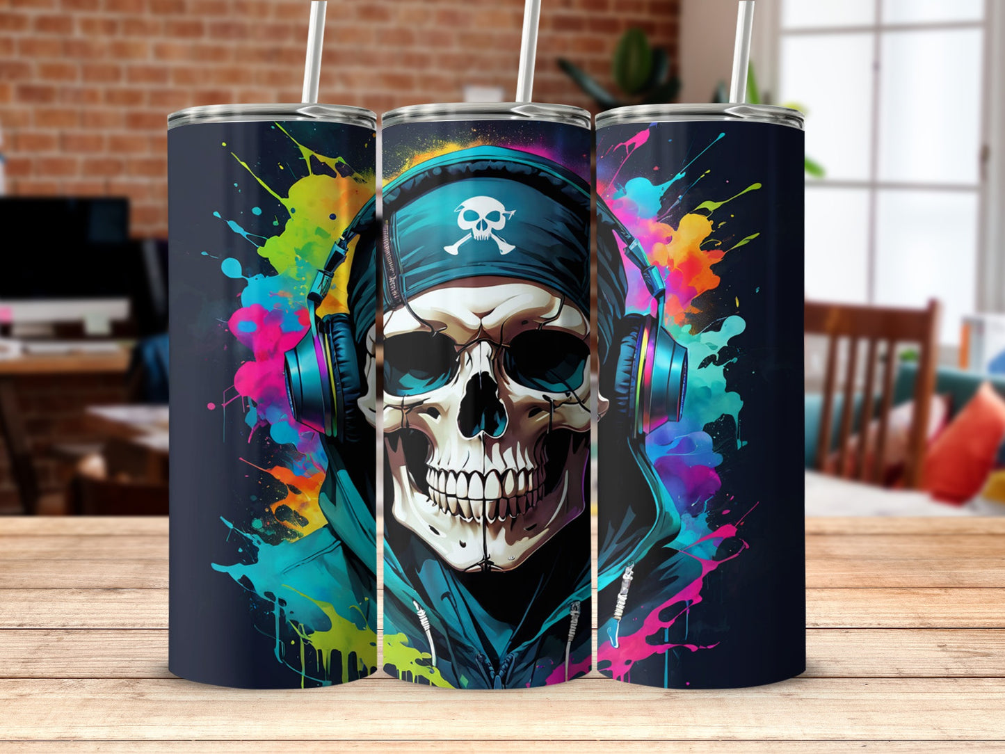 Vibrant Skull with Headphones Design Tumbler Product