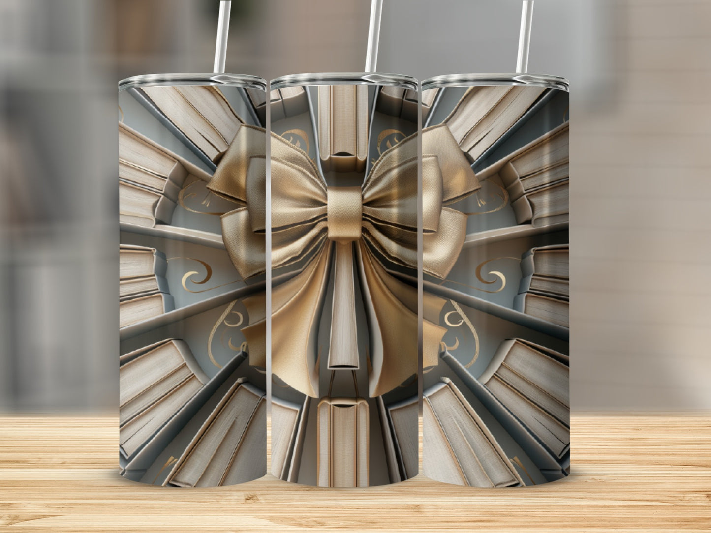 Three tall tumblers featuring a gold bow on a bookshelf background.