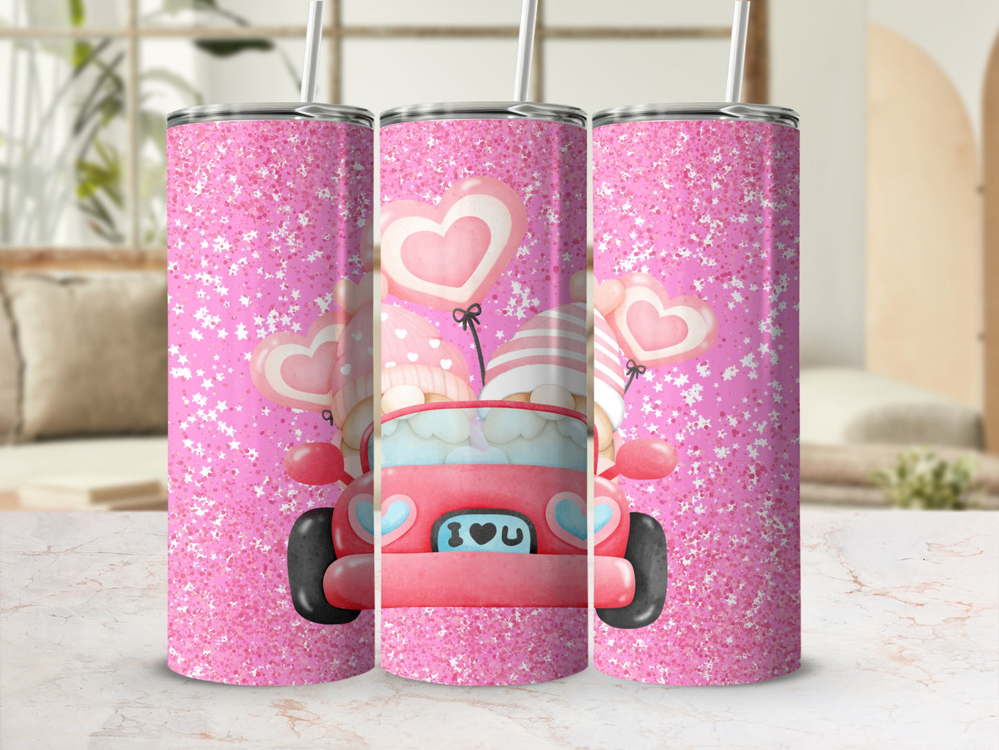 Cute Pink Glitter Tumbler with Hearts and Car Design