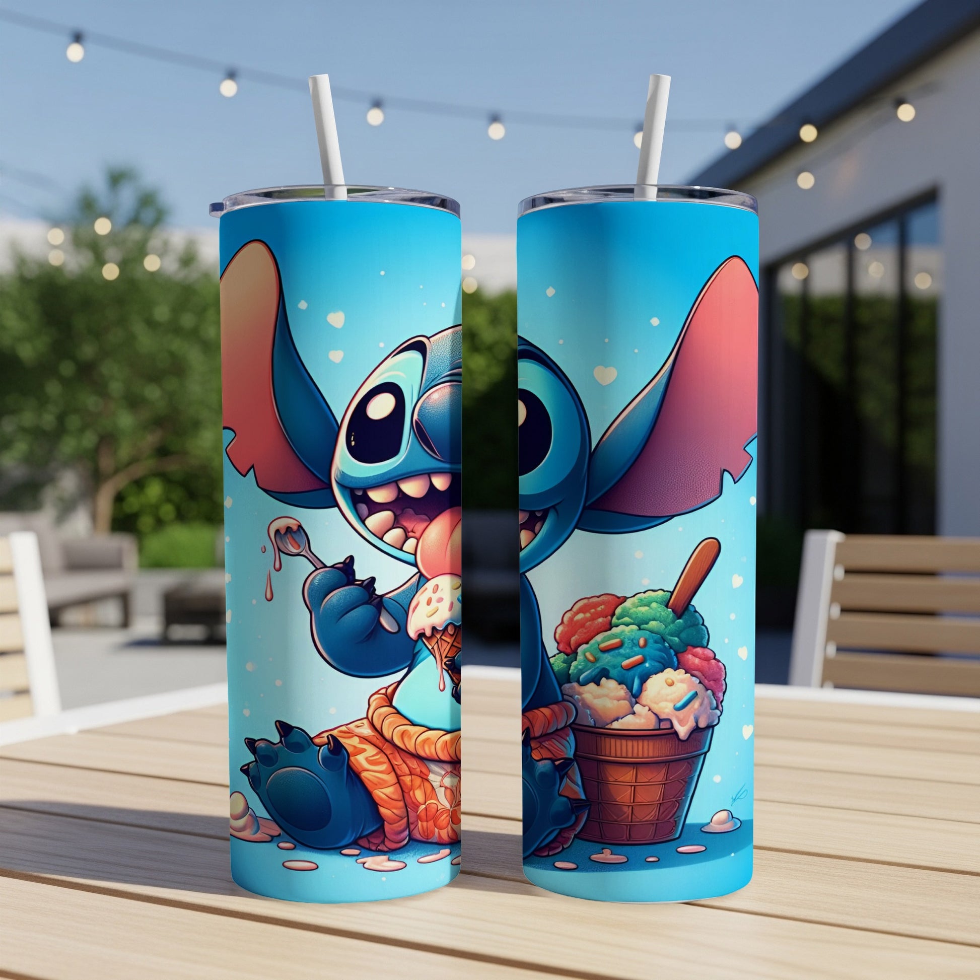 Stitch eating a large ice cream cone from a bucket.