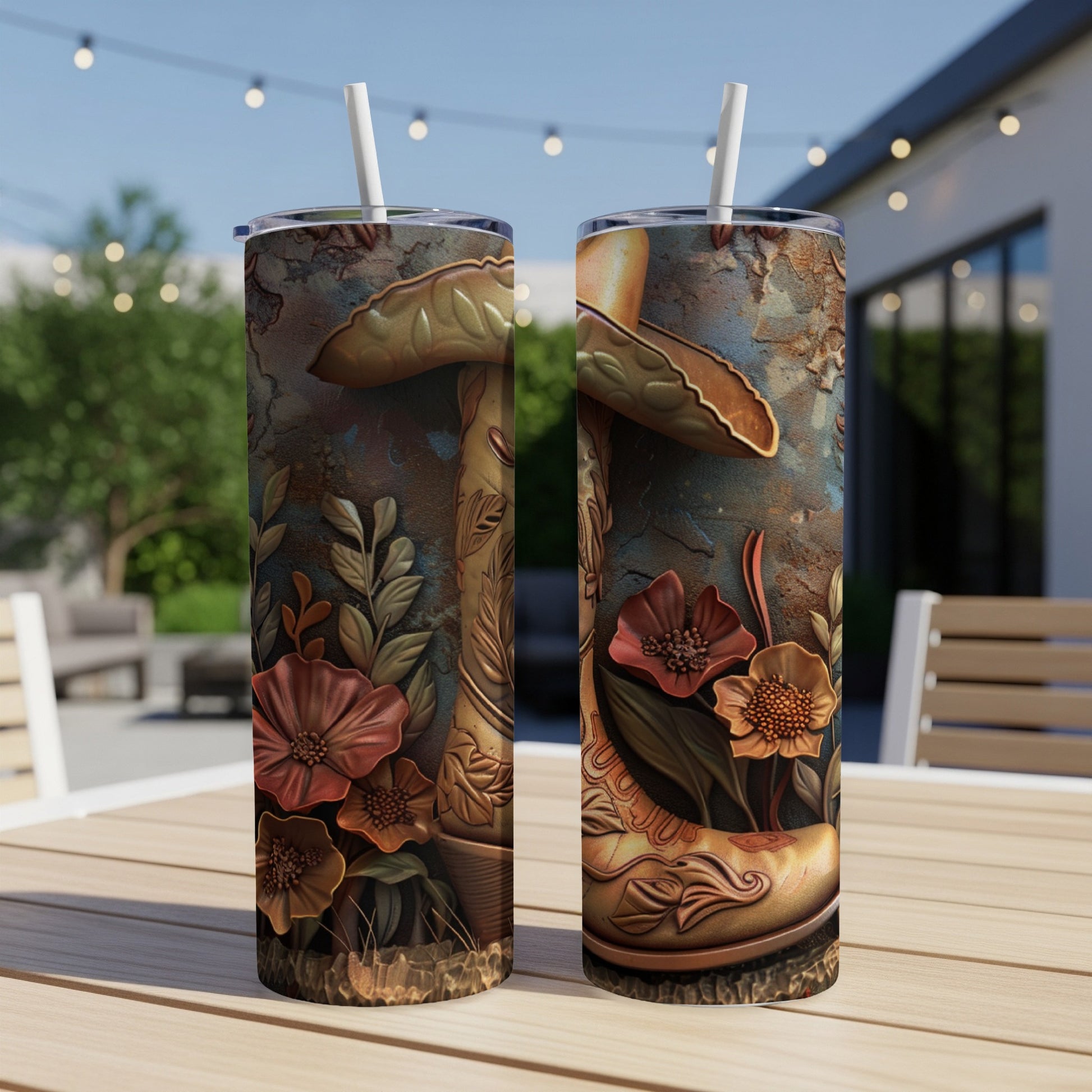 Two tall tumblers with floral and boot designs sit on a patio table.
