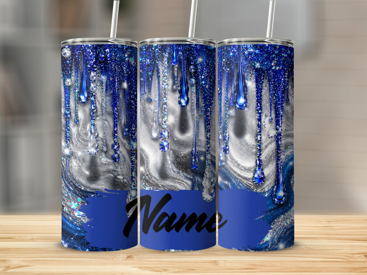 Three tumblers with blue, silver, and glitter drip design, showing the word "Name"