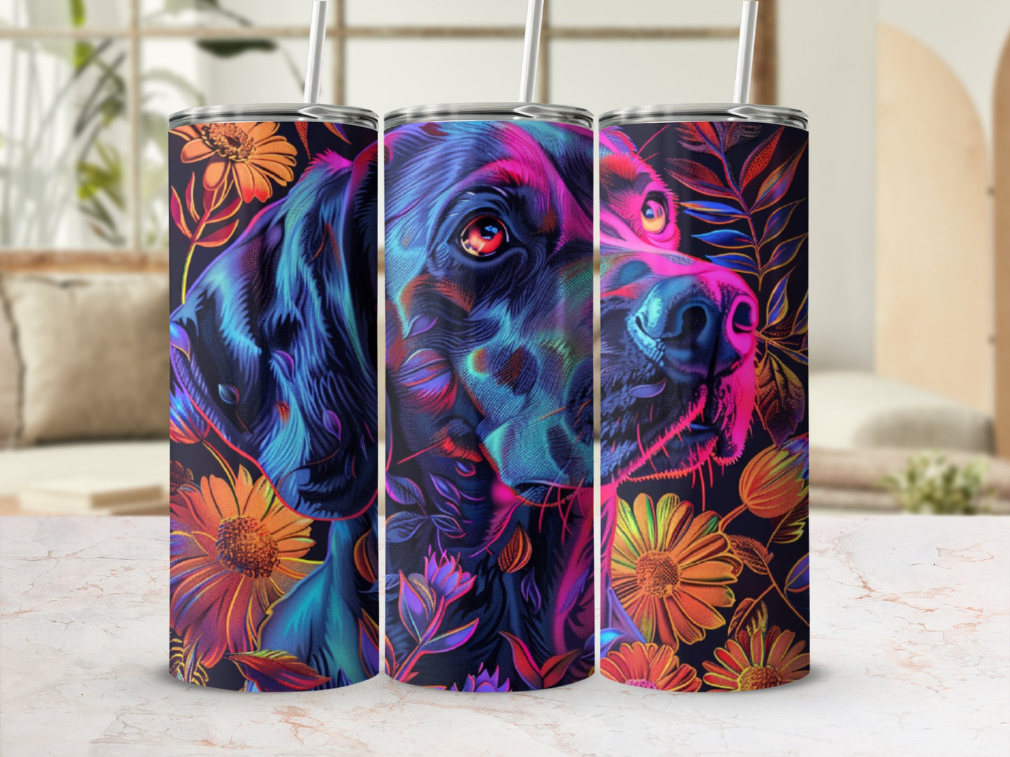 Black dog portrait with floral pattern, pink and orange hues, on three tumblers.