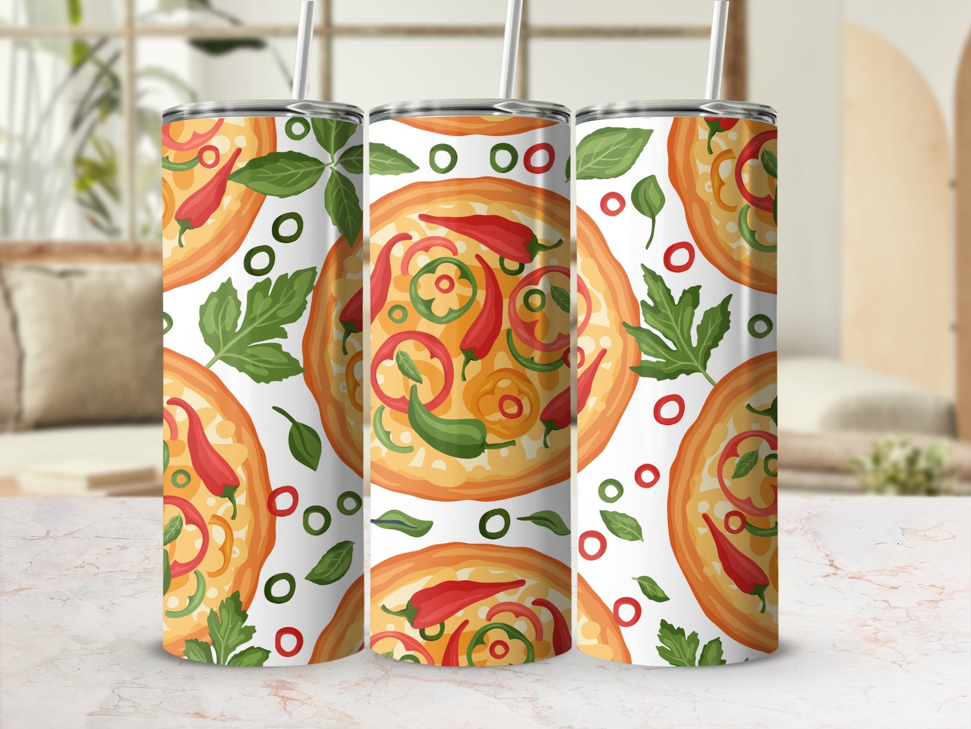 Tumblers with a repeating pizza, chili pepper, and basil leaf pattern.