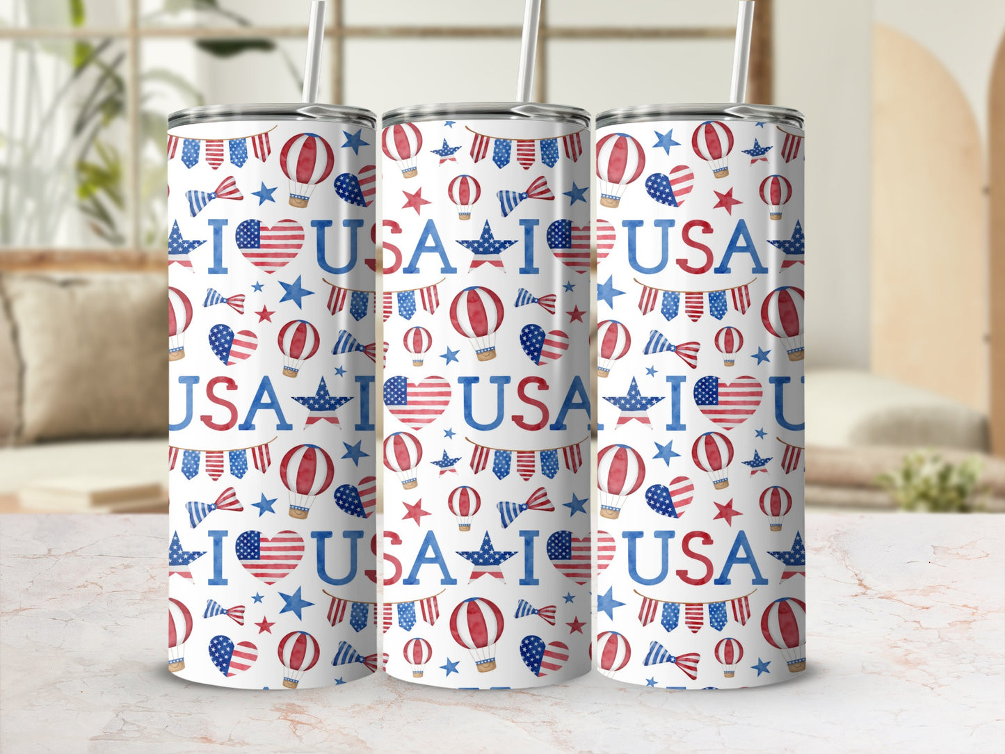 USA-themed tumbler with patriotic hearts, balloons, and stars pattern.