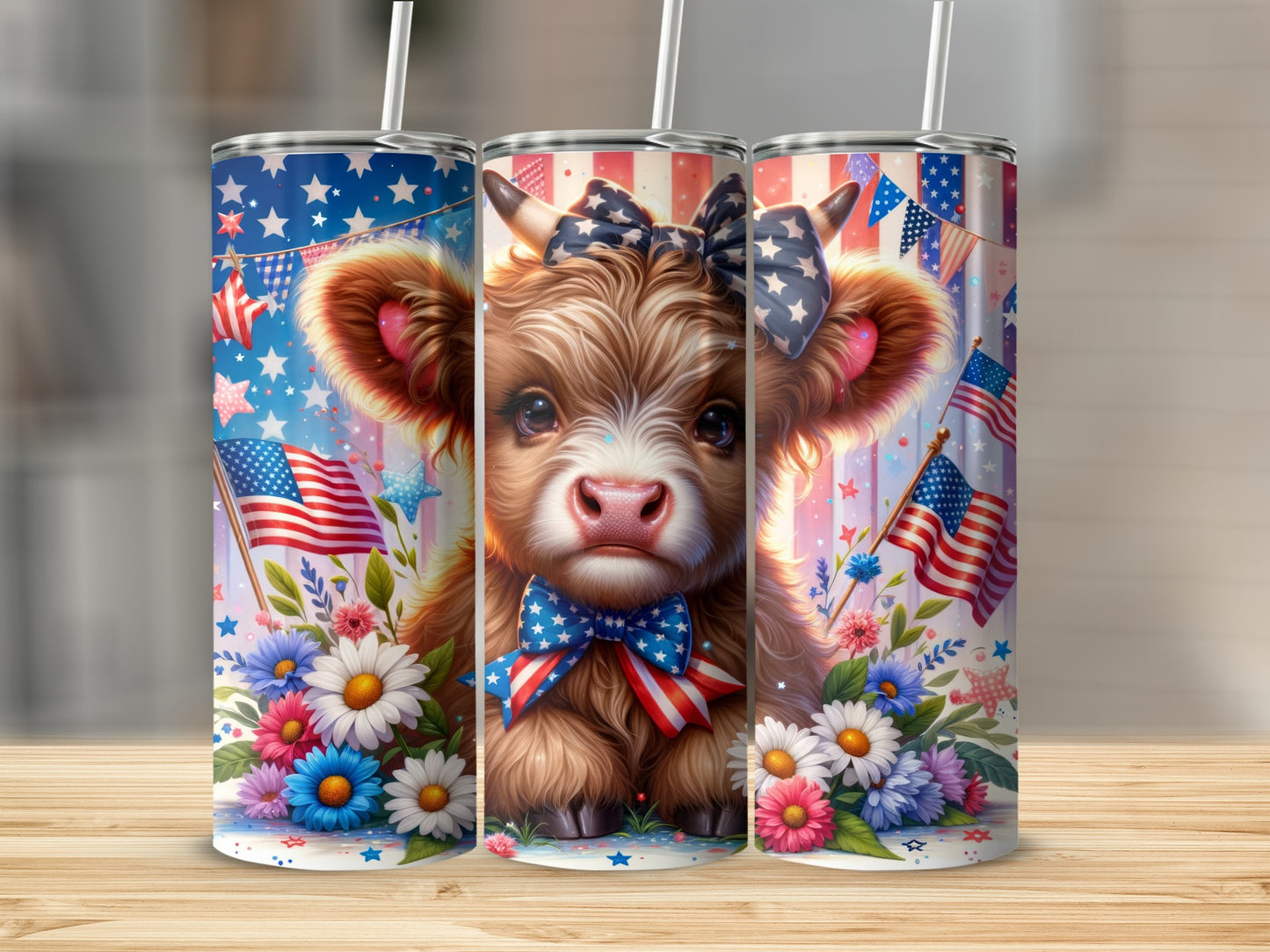 Cute cow with patriotic bow and flowers on a festive tumbler.