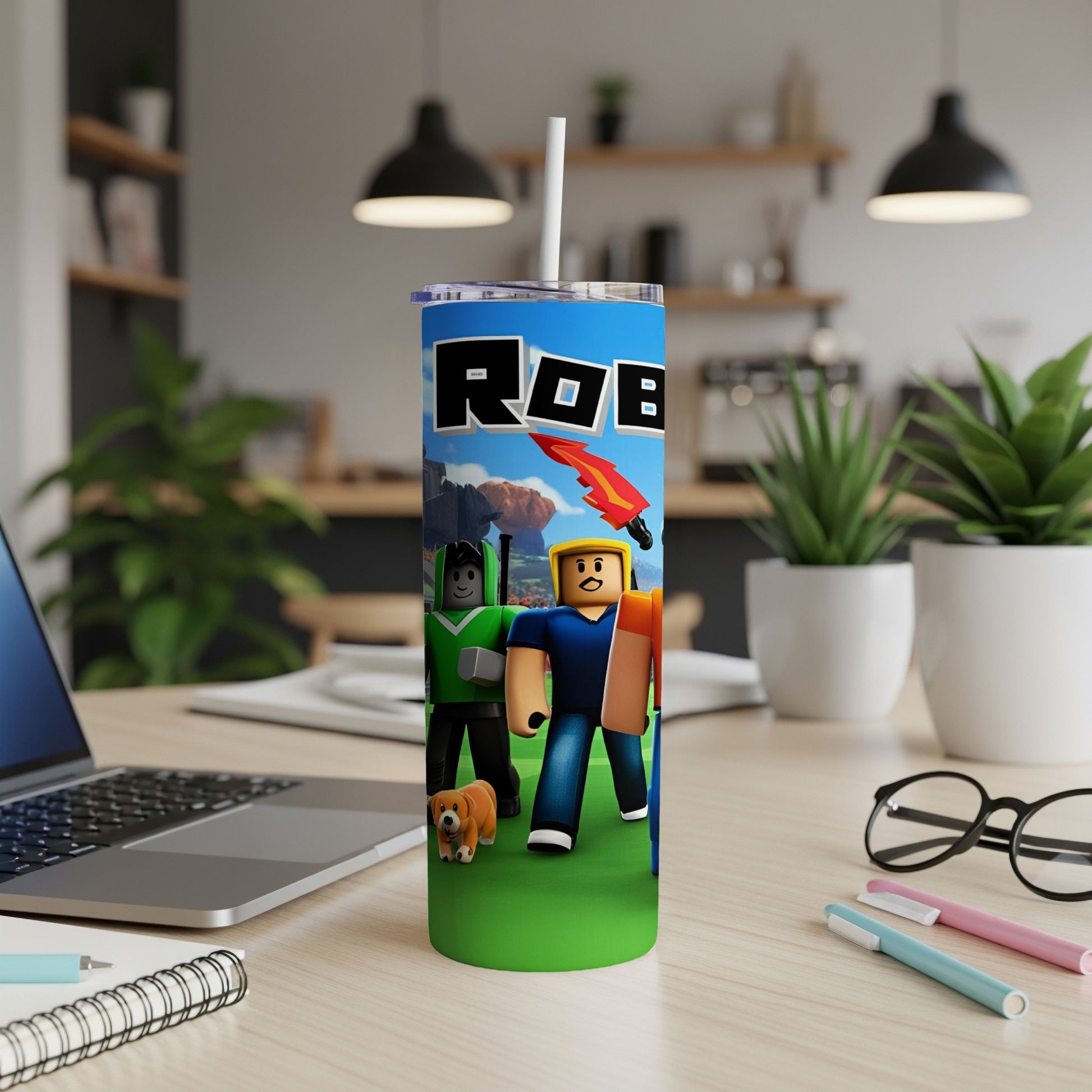 Roblox characters and dog on a tumbler with a straw.