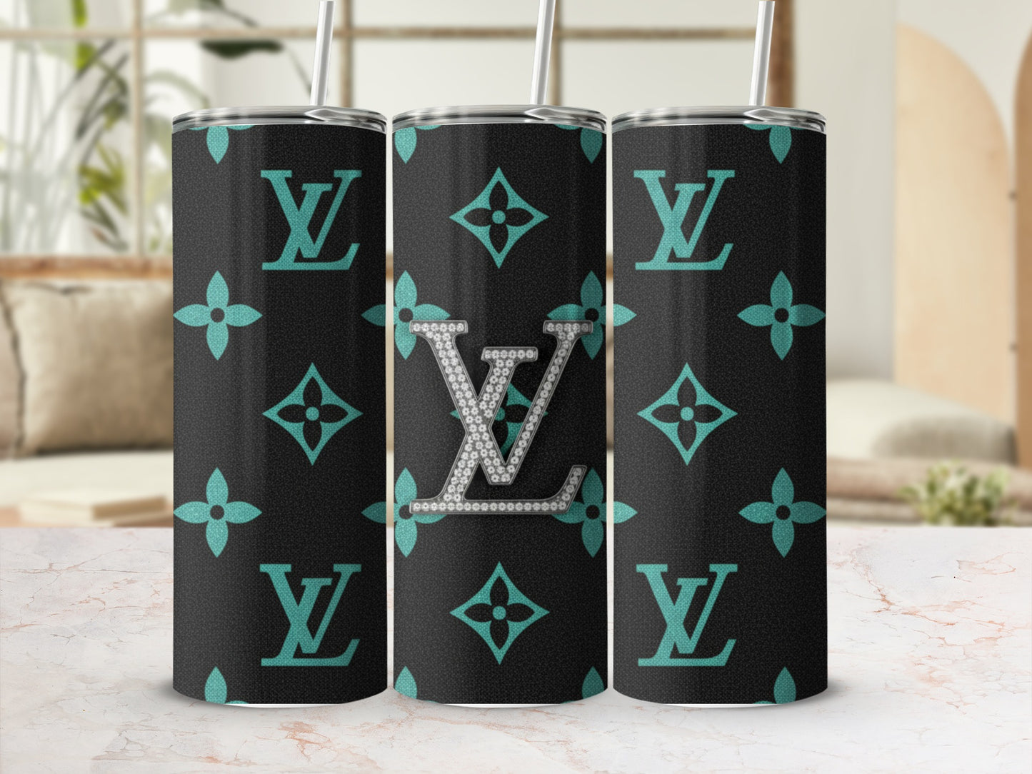 Elegant Patterned Black and Teal LV Tumbler Cup