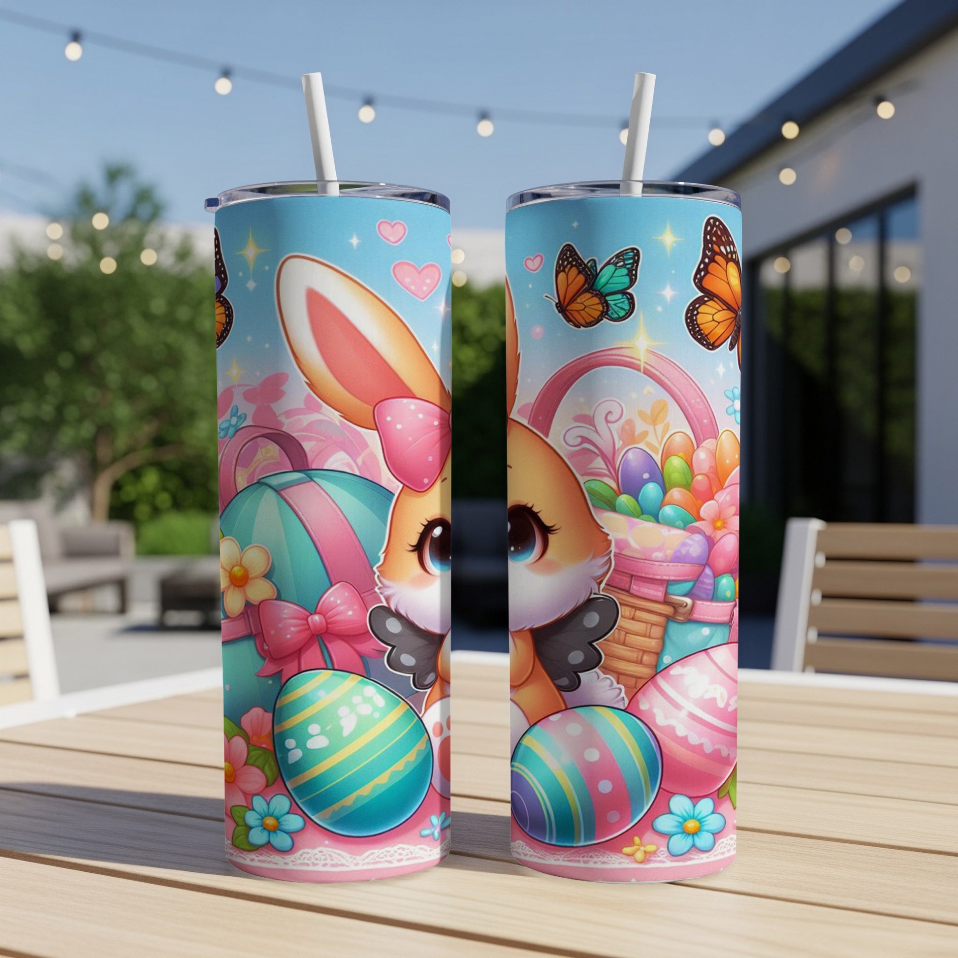 Easter bunny with colorful eggs and butterflies on a tall blue tumbler.