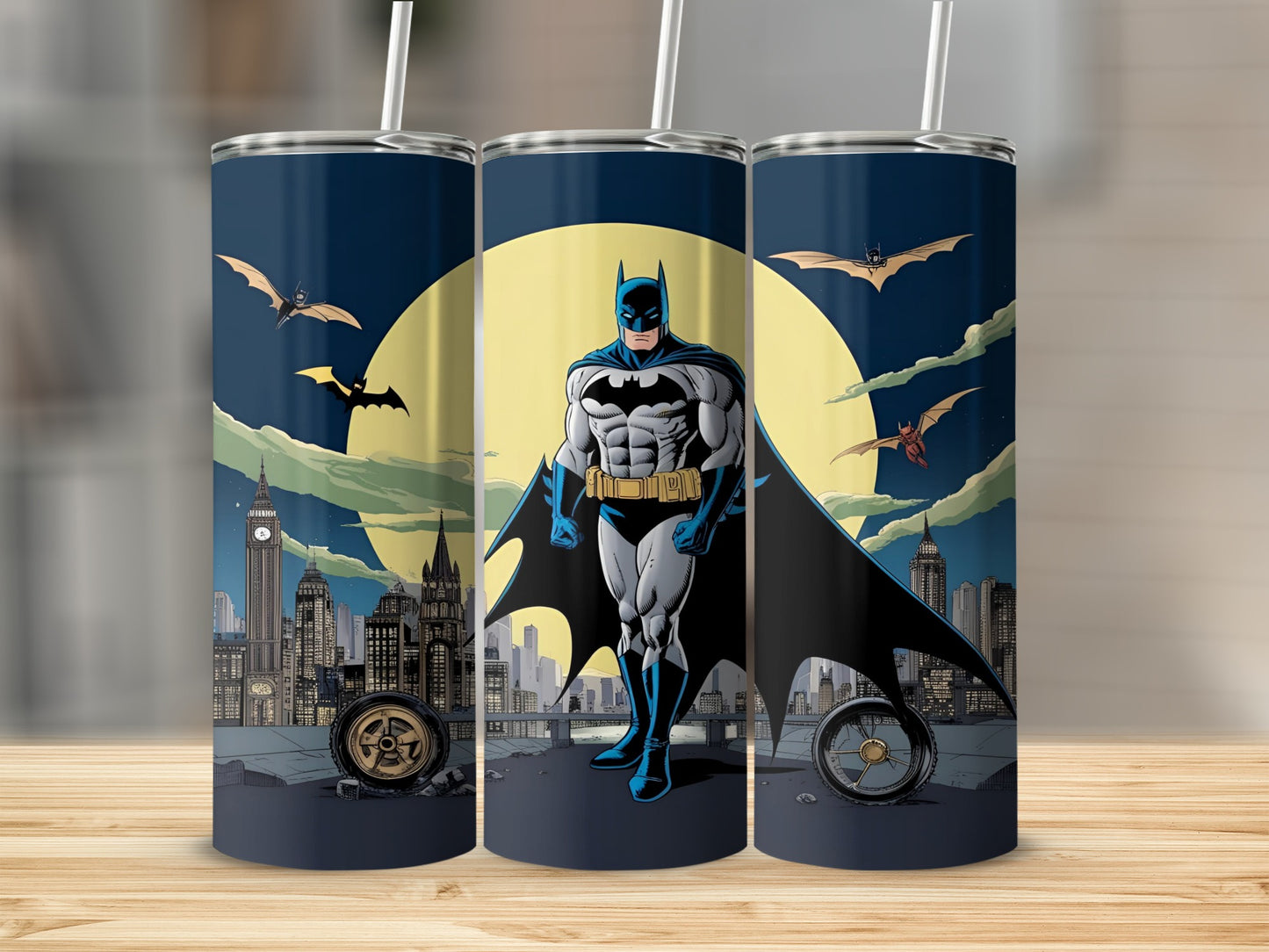 Batman standing in front of a cityscape with bats flying, on a tall cylindrical tumbler.