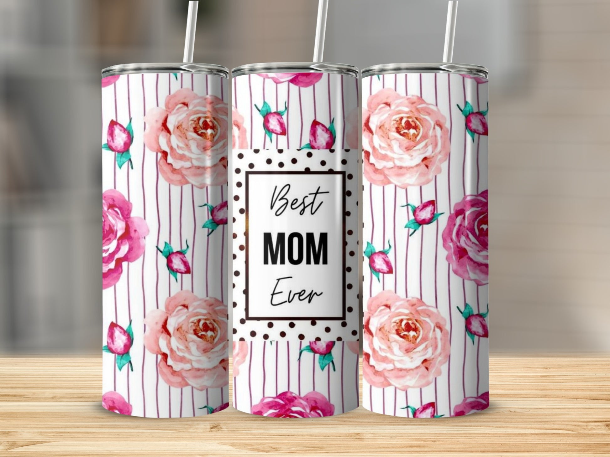 Best Mom Ever Floral Striped Design Tumbler Drinkware