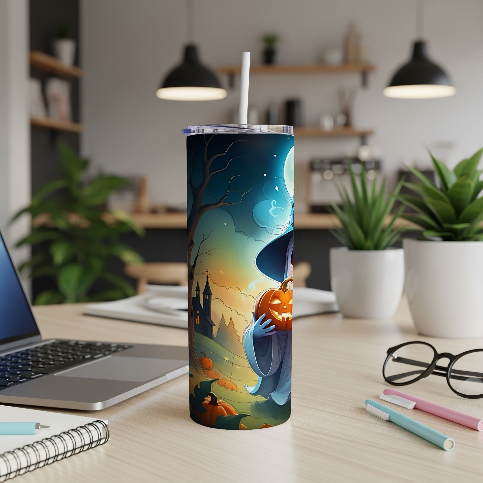 Tumbler with witch holding pumpkin, spooky castle, and moon scene.