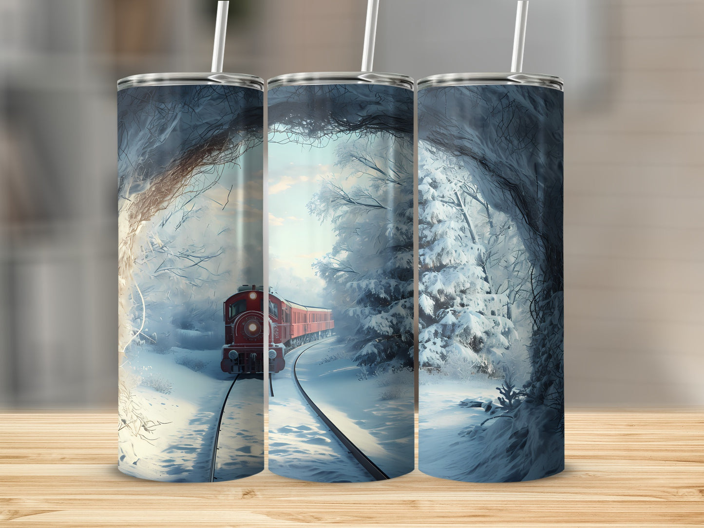 Red train on snowy tracks through a winter forest scene.