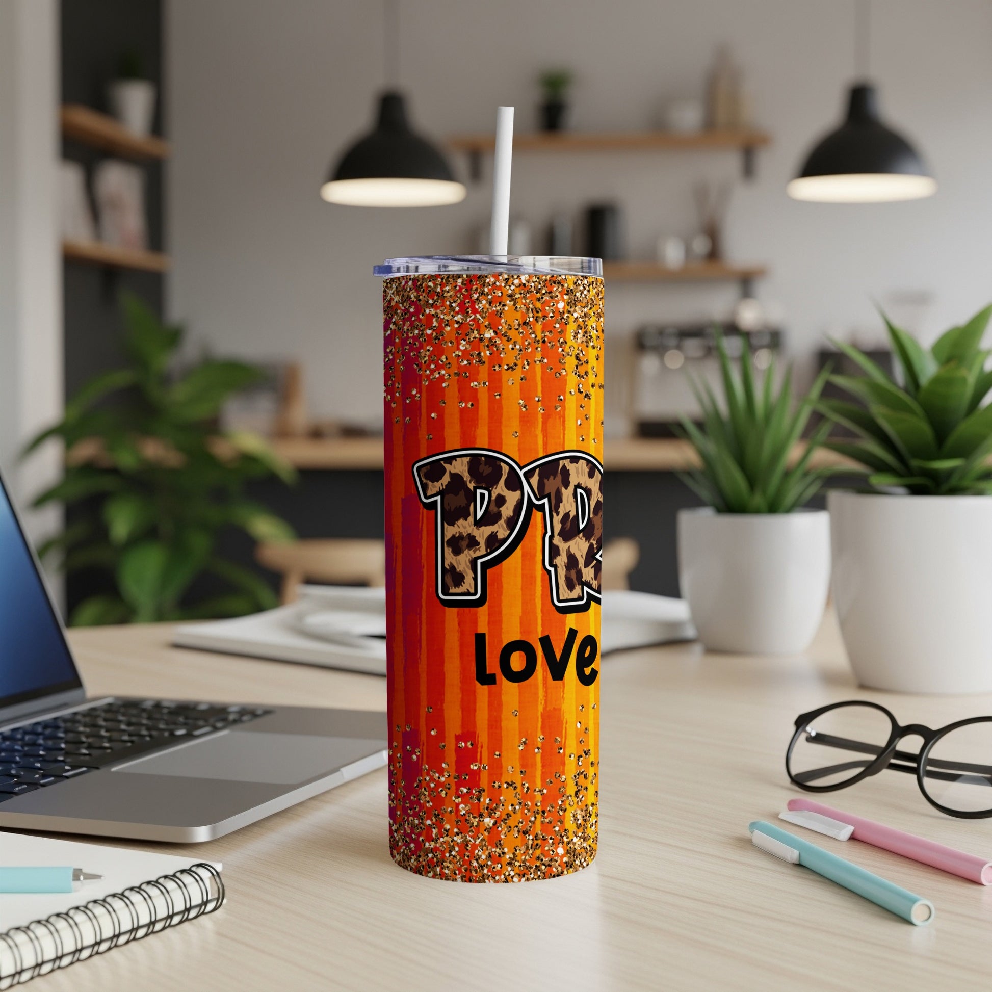 Orange gradient tumbler with leopard print "PR Love" text and glitter.