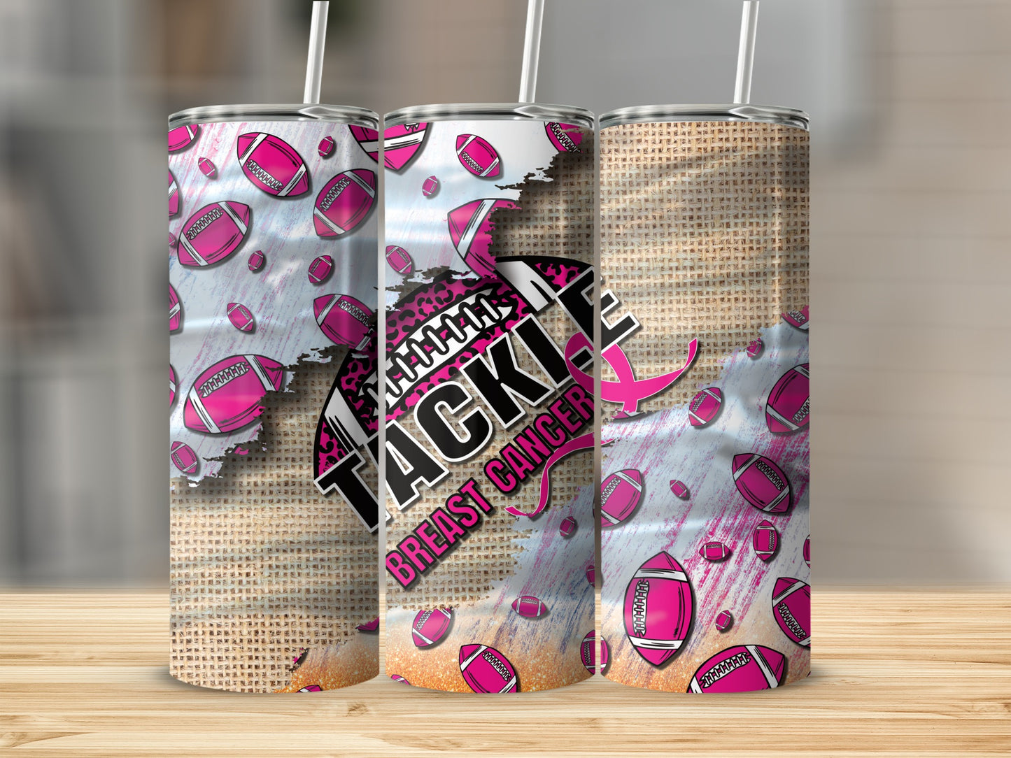 Tackle Breast Cancer tumbler with footballs and burlap texture.