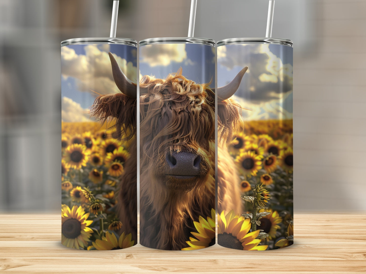 Highland cow in sunflower field on a tumbler.