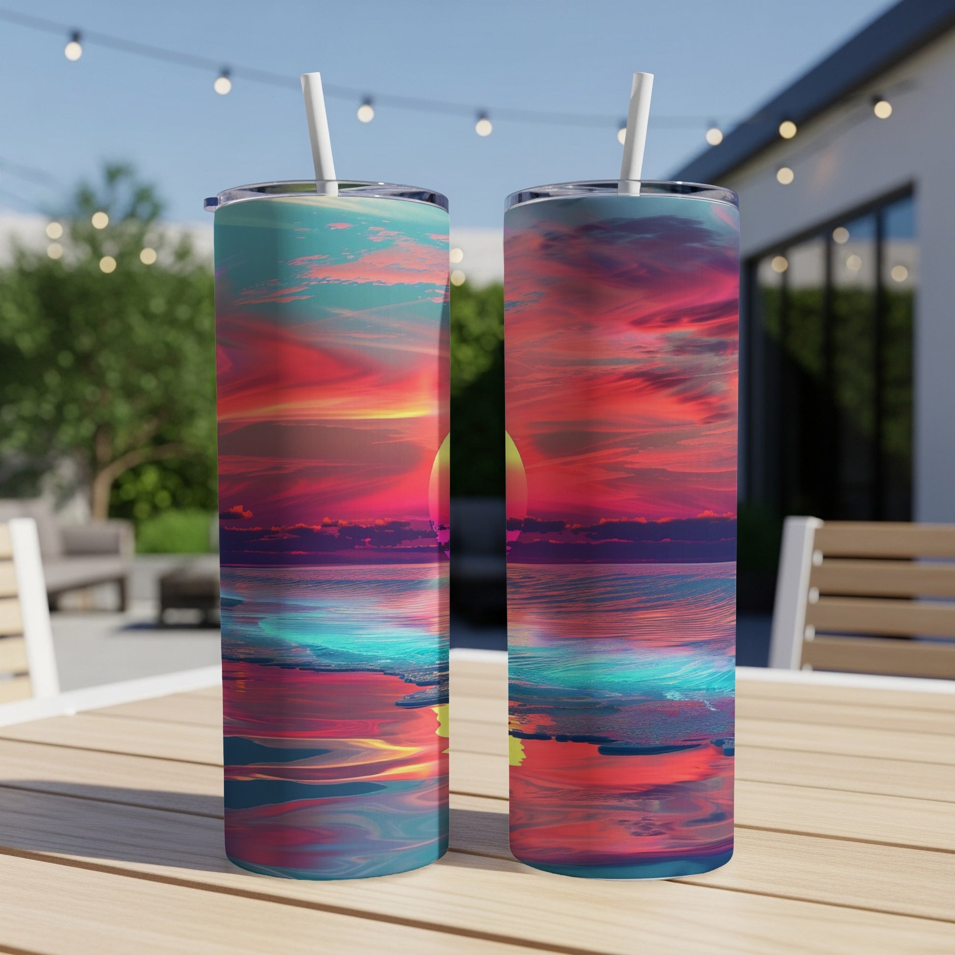 Two tumblers with a vibrant sunset over the ocean design.