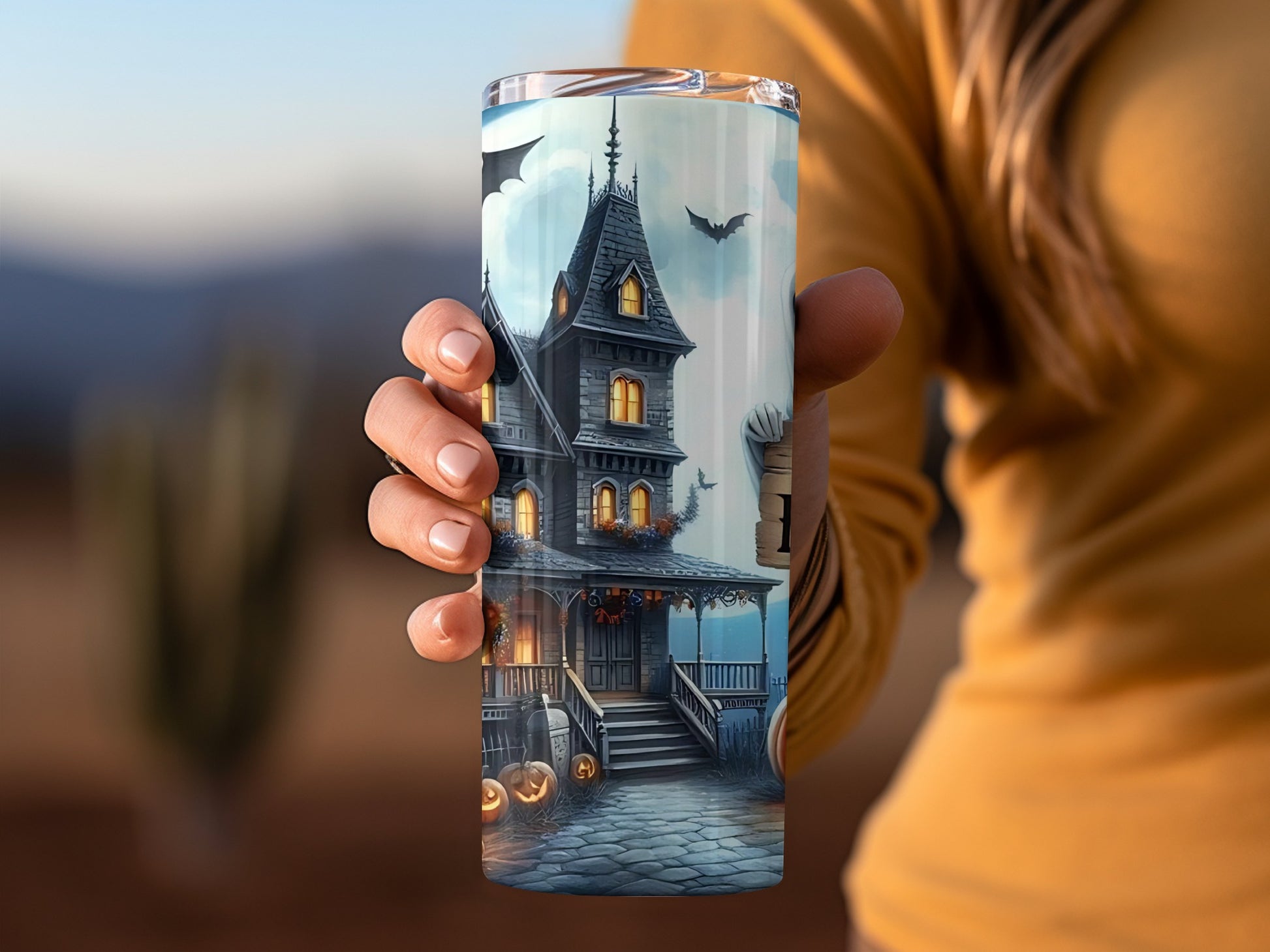 Spooky Haunted House Design on Slim Insulated Tumbler