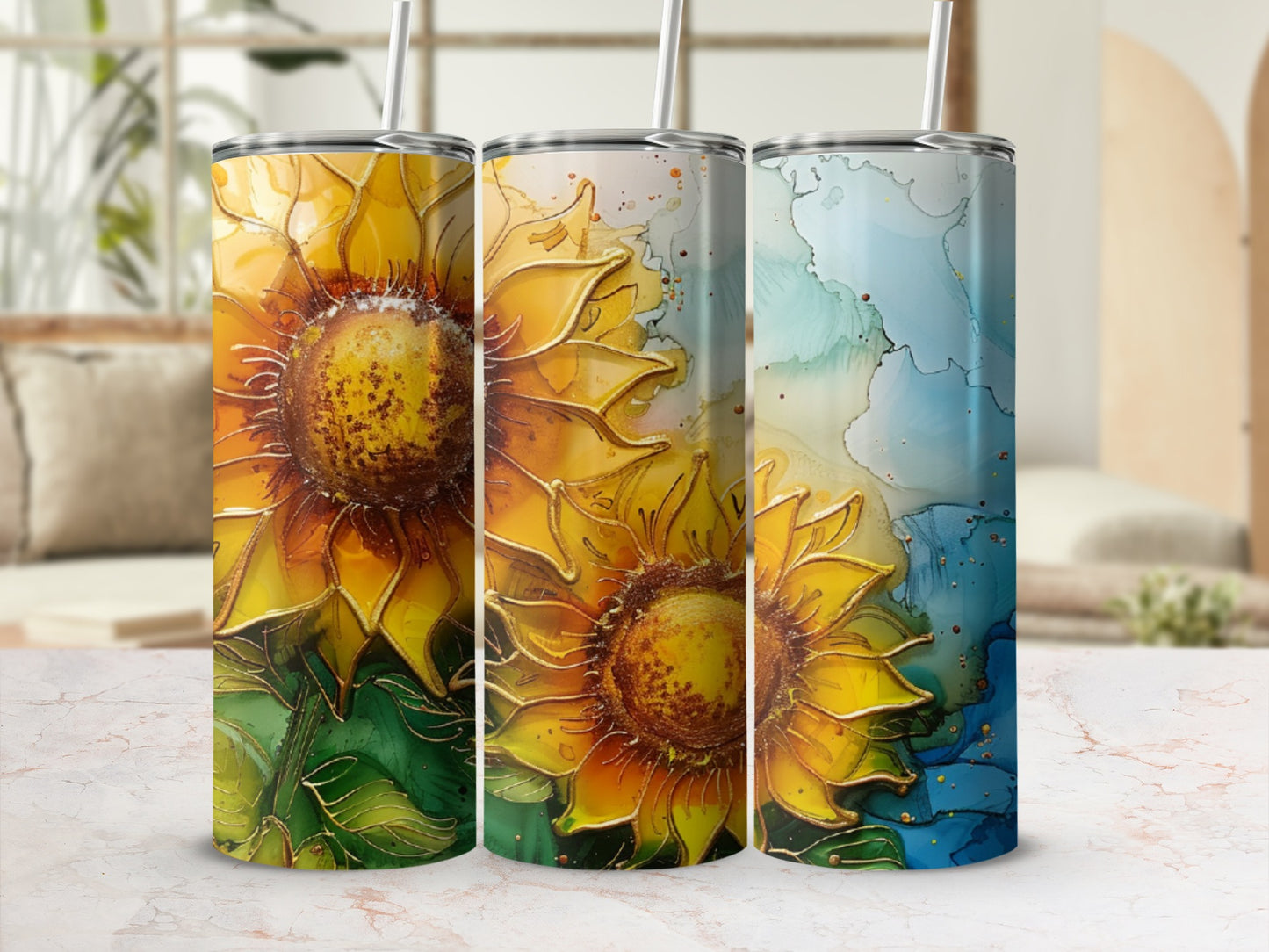 Three tumblers featuring detailed sunflower artwork and abstract watercolor splashes.