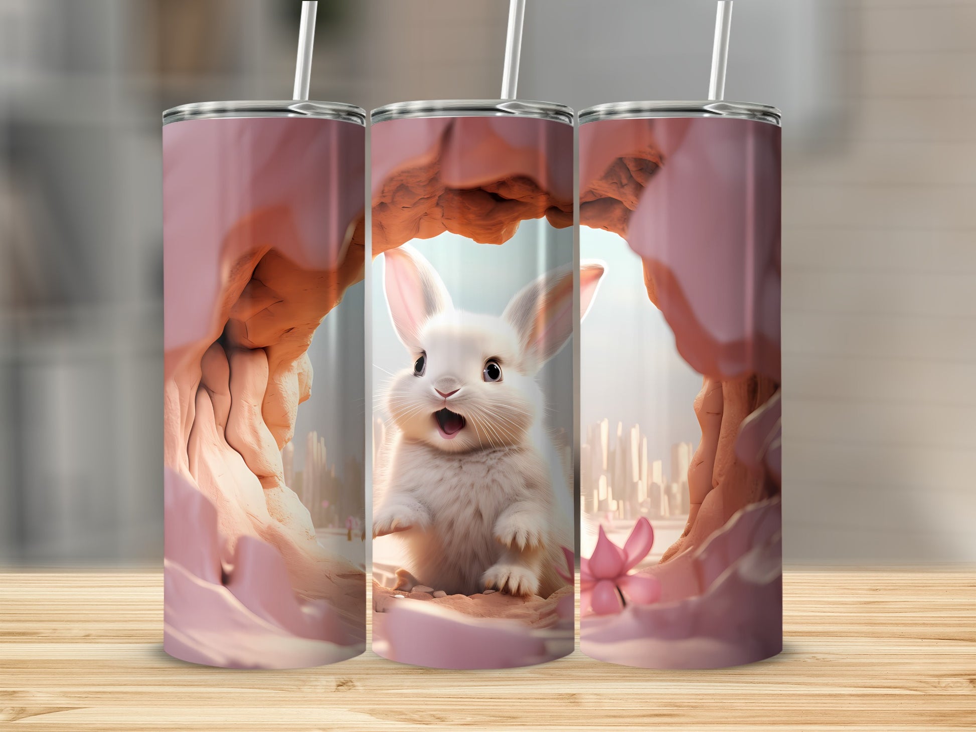 Cute White Rabbit in a Cave Design Tumbler with Straw