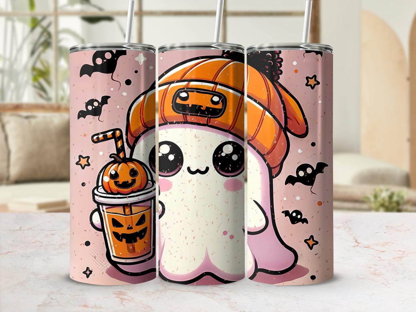 Cute Halloween Ghost with Pumpkin Tumbler Cup