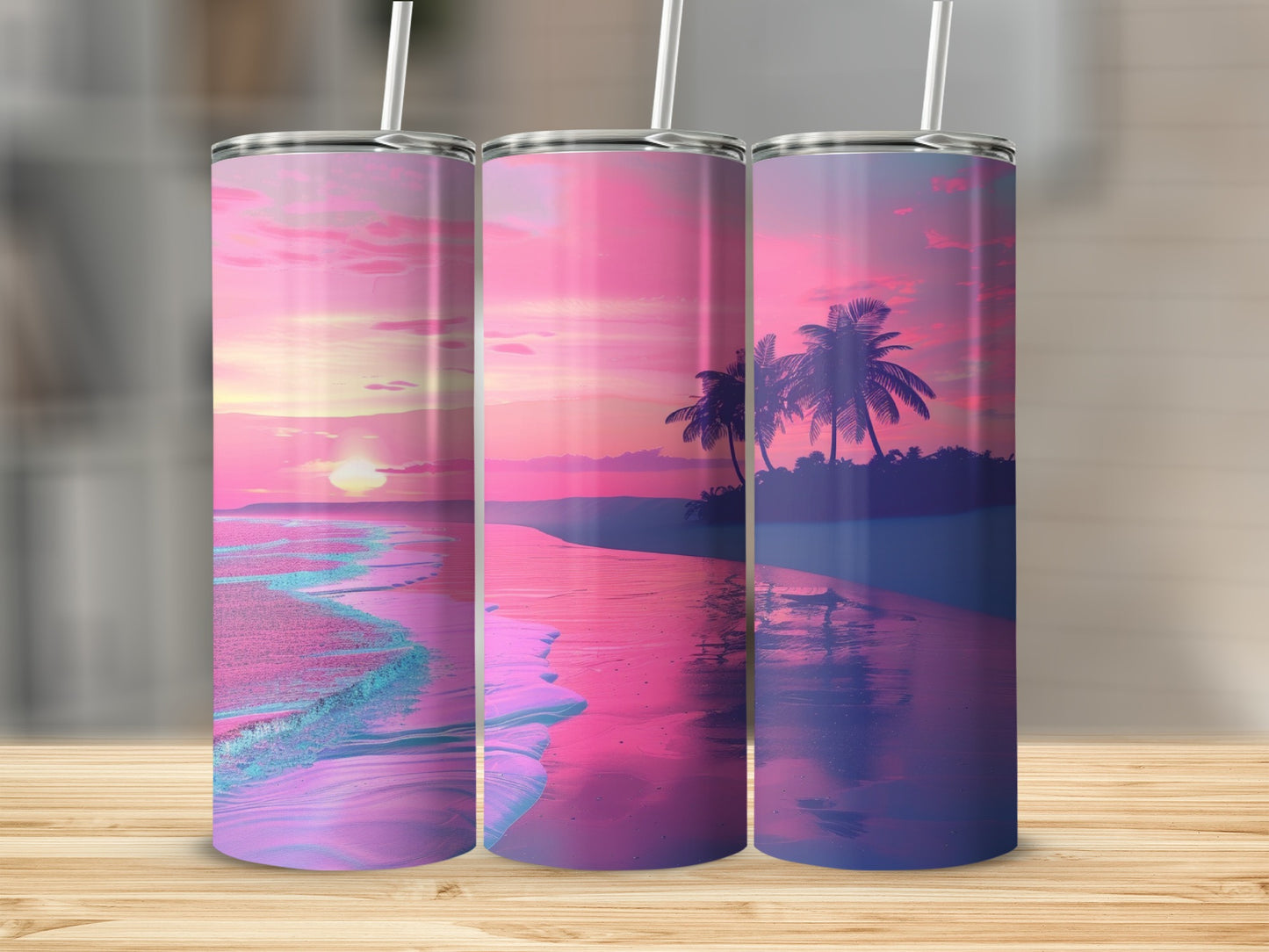 Three tumblers with a pink and purple sunset beach scene and palm trees.