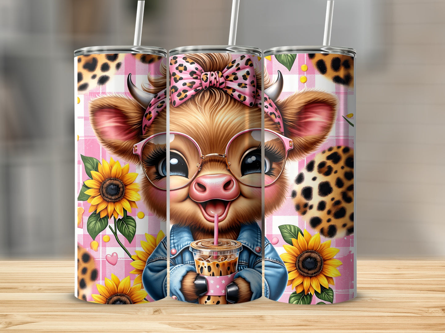 Cute cow wearing glasses and denim jacket holding coffee with sunflowers.