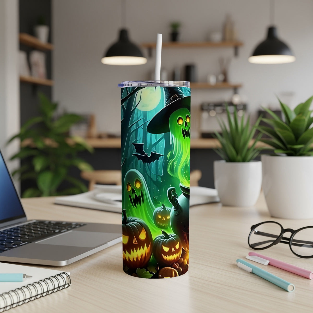 Halloween tumbler with ghosts, pumpkins, witch, and bat on a dark forest background.