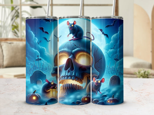 Three tumblers with Halloween-themed art featuring a skull, mice, bats, pumpkins, and tombstones.