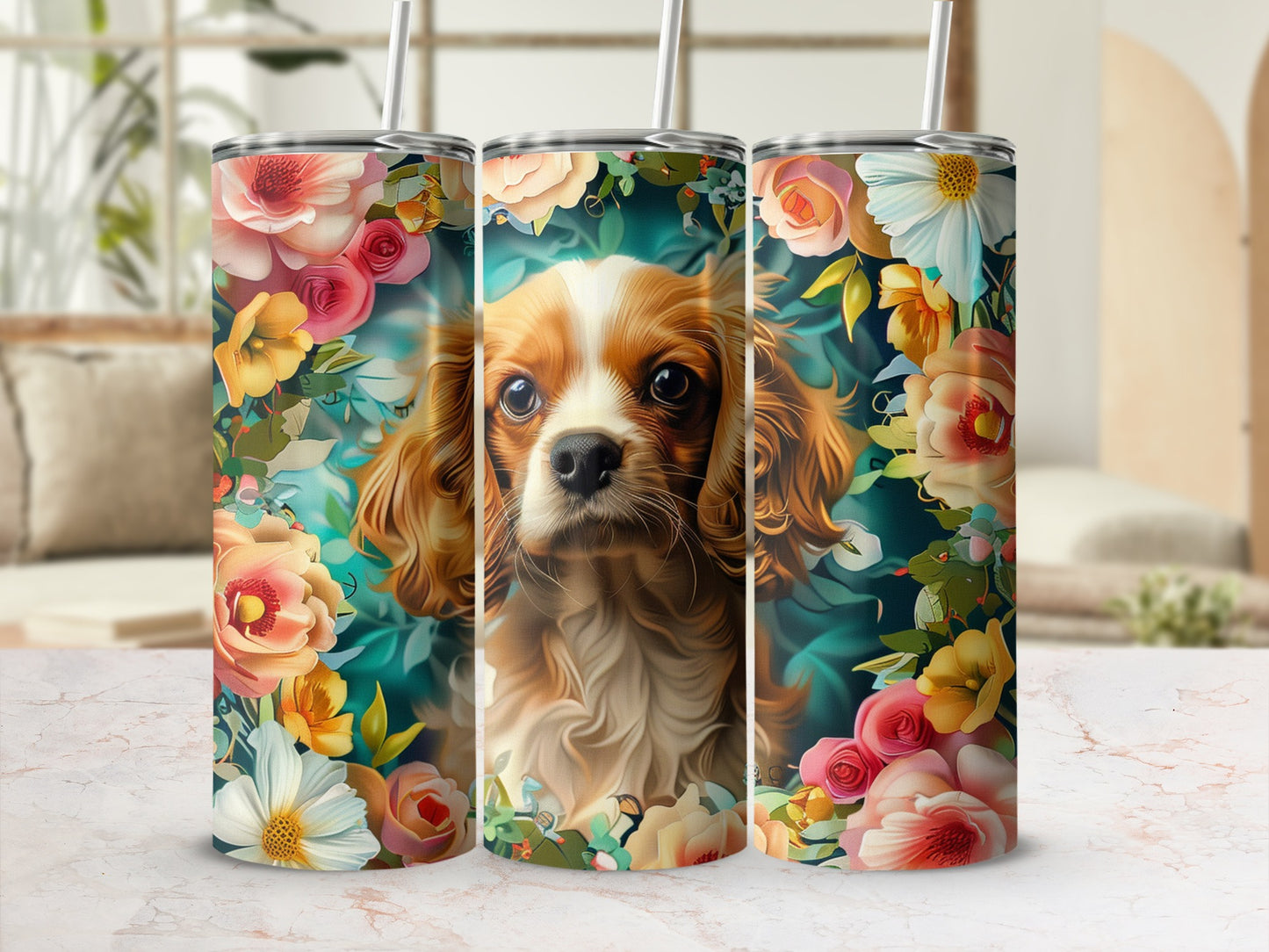 Dog portrait with floral accents on a tumbler.