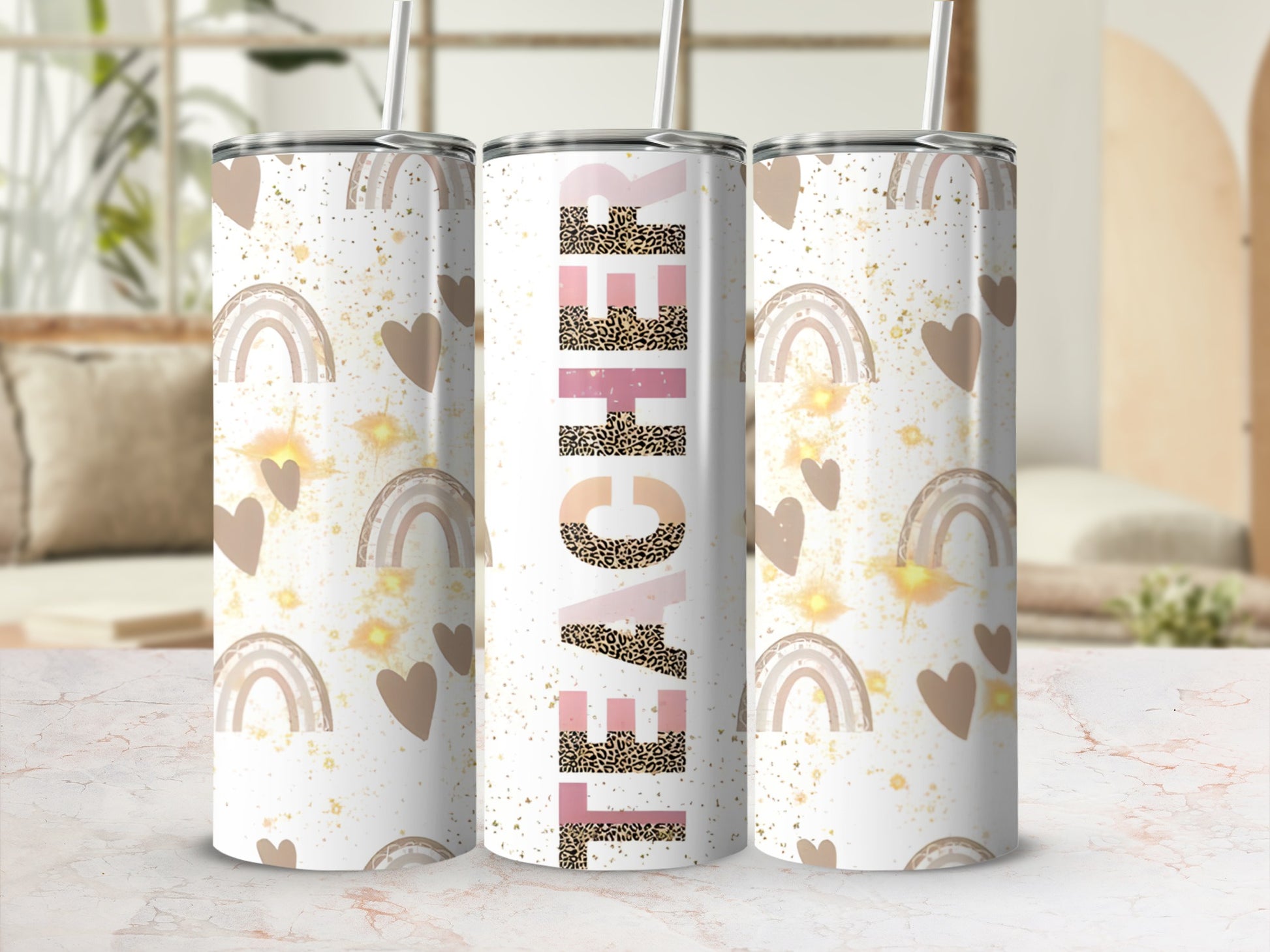 White tumbler with "Teacher" in leopard print, rainbow, and heart pattern.