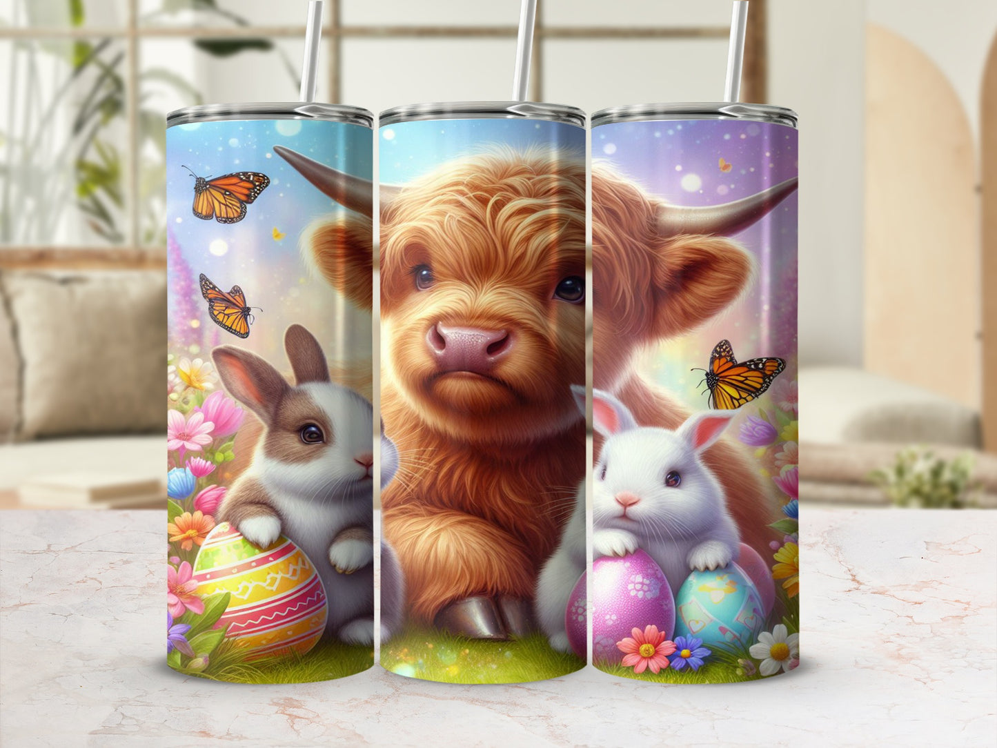 Highland cow and bunnies with Easter eggs and butterflies.